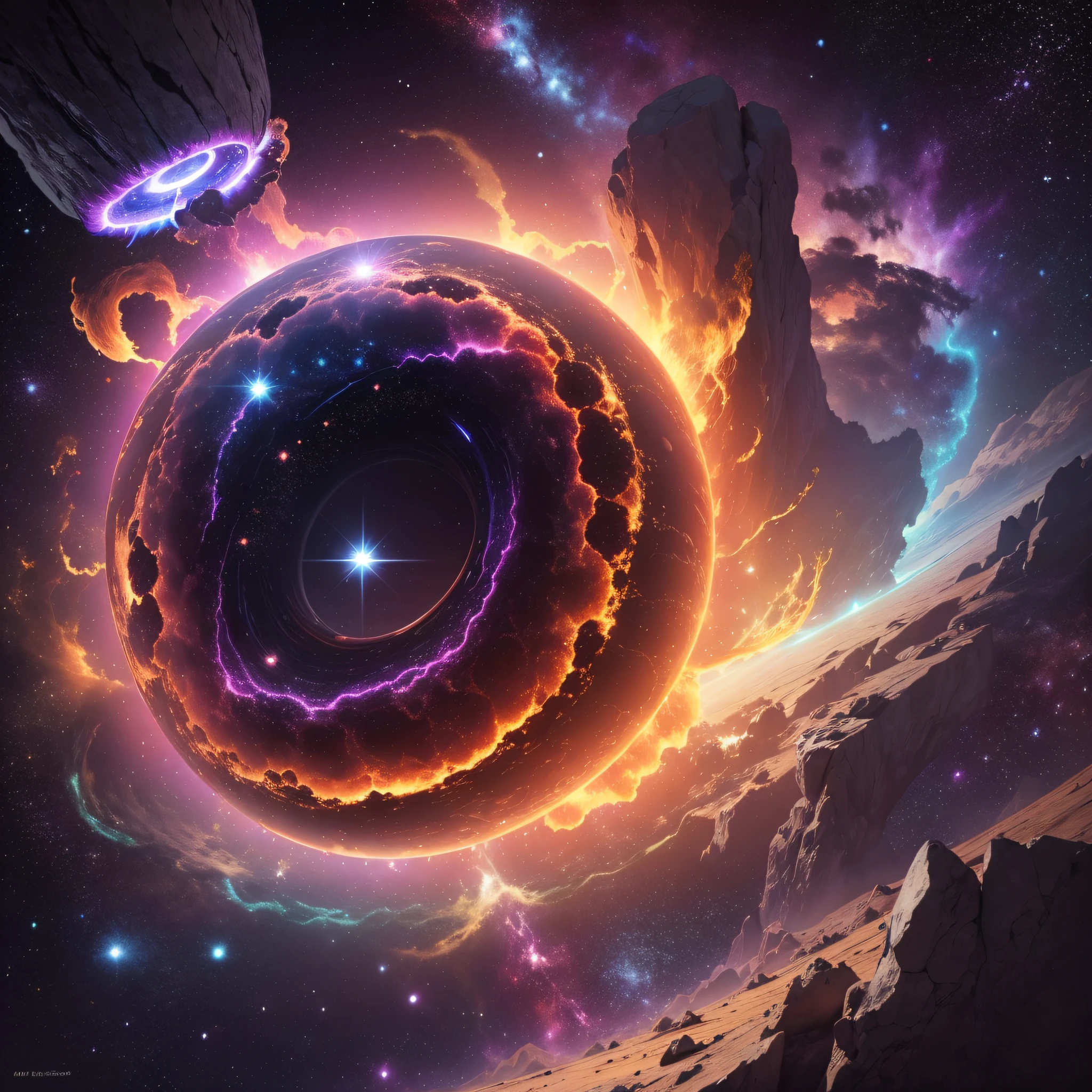 a single rocky ring with flames on part of the torus, rock torus in space, stars and galaxies, nebulae, high resolution, backlighting, optical illusion, speed lines, super detail, HD, 8k --auto --s2