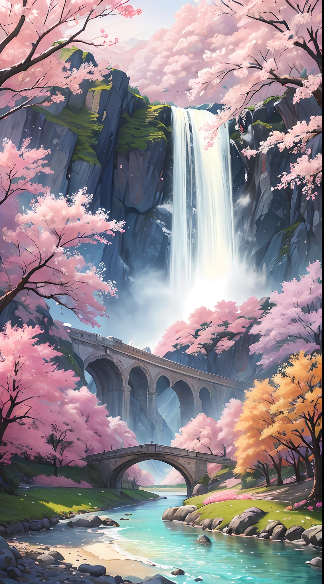 (Masterpiece, Top Quality, Best Quality, Official Art, Beauty and Aesthetics: 1.2), Very Detailed, Colorful, Most Detailed, Branches, Mountains and Rivers, Cherry Blossoms, Outdoor, Petals, Landscape, Rain, Trees, Sky, Street
