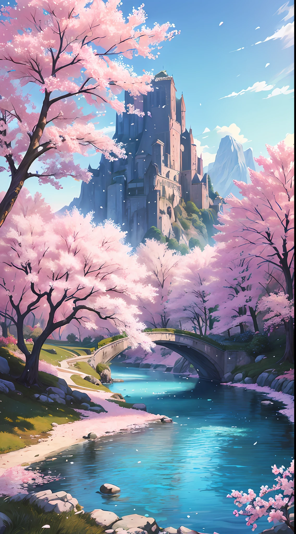 (Masterpiece, Top Quality, Best Quality, Official Art, Beauty and Aesthetics: 1.2), Very Detailed, Colorful, Most Detailed, Branches, Mountains and Rivers, Cherry Blossoms, Outdoor, Petals, Landscape, Rain, Trees, Sky, Street