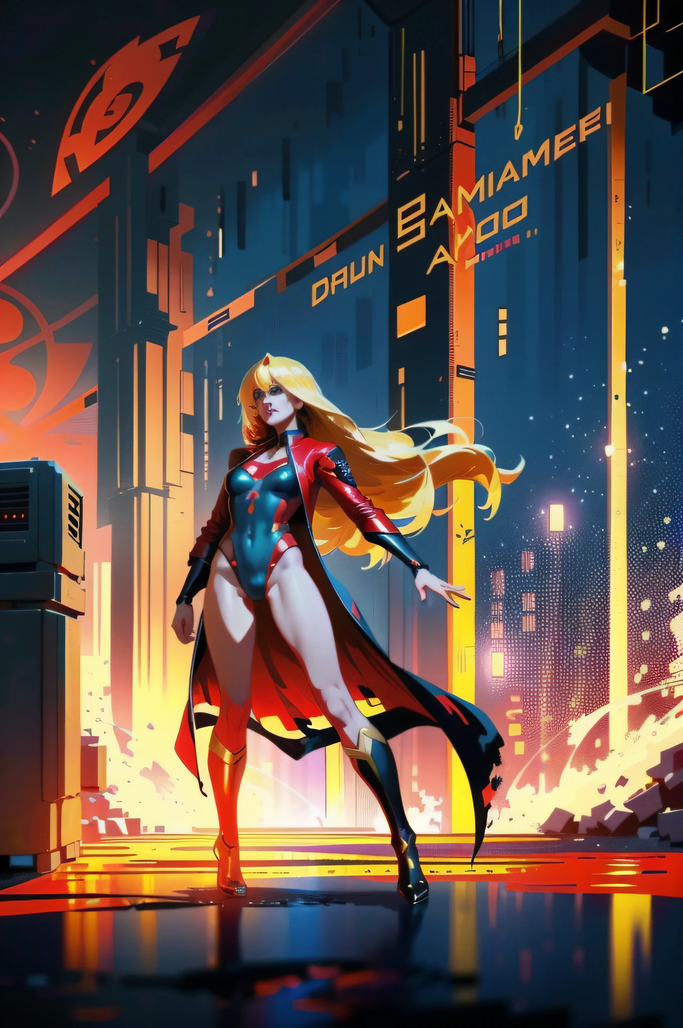 Beautiful woman, blonde, long hair, fringe hair, super girl DC comics, blue and red swimsuit, , red and gold robe, cyberpunk, chaos, full body