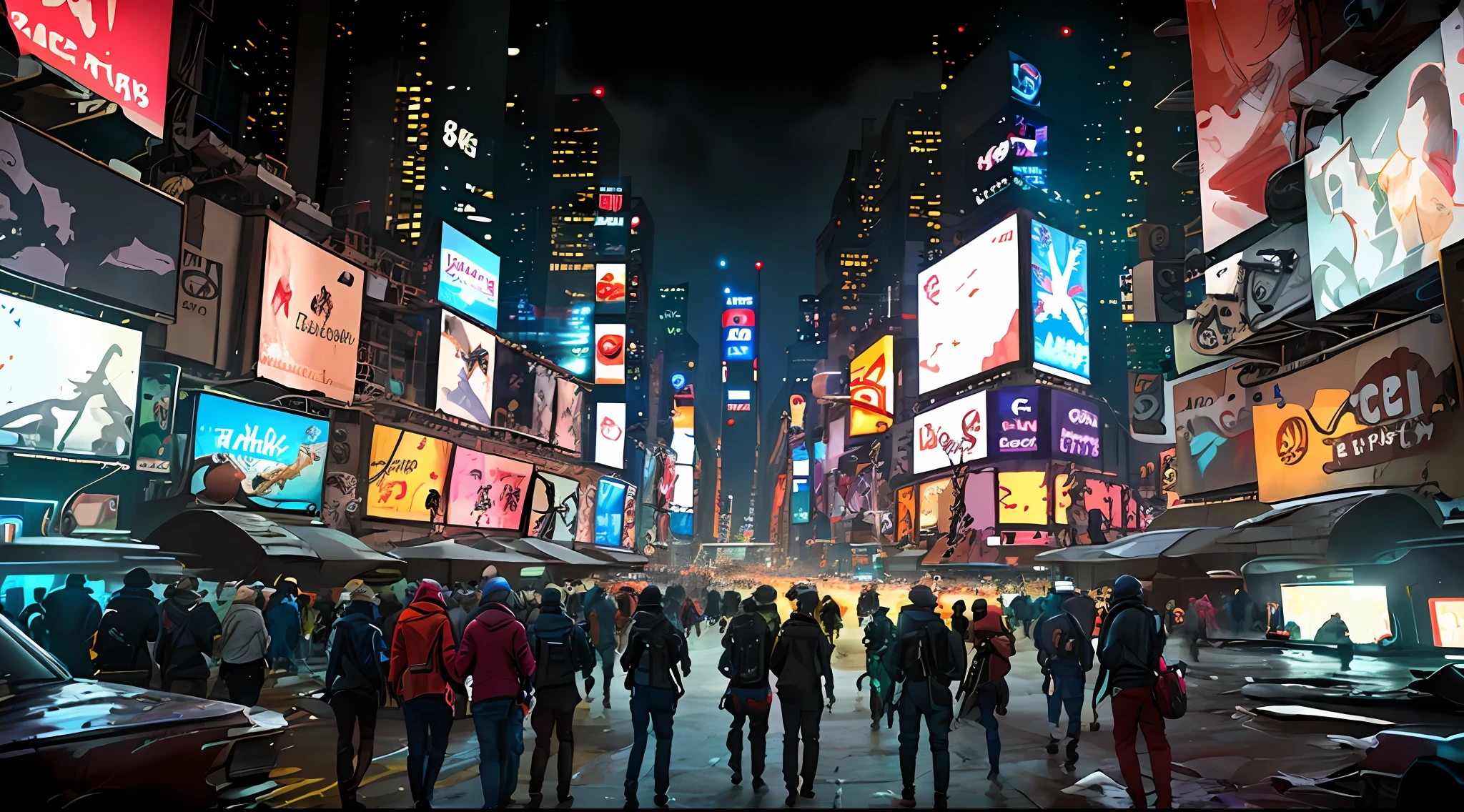 arafed view of a busy city street at night with a lot of people, time square, times square, in time square, in times square, standing in time square, in the middle of new york, the city that never sleeps, standing in times square, vfx powers at night in the city, post-apocalyptic times square, streets of new york