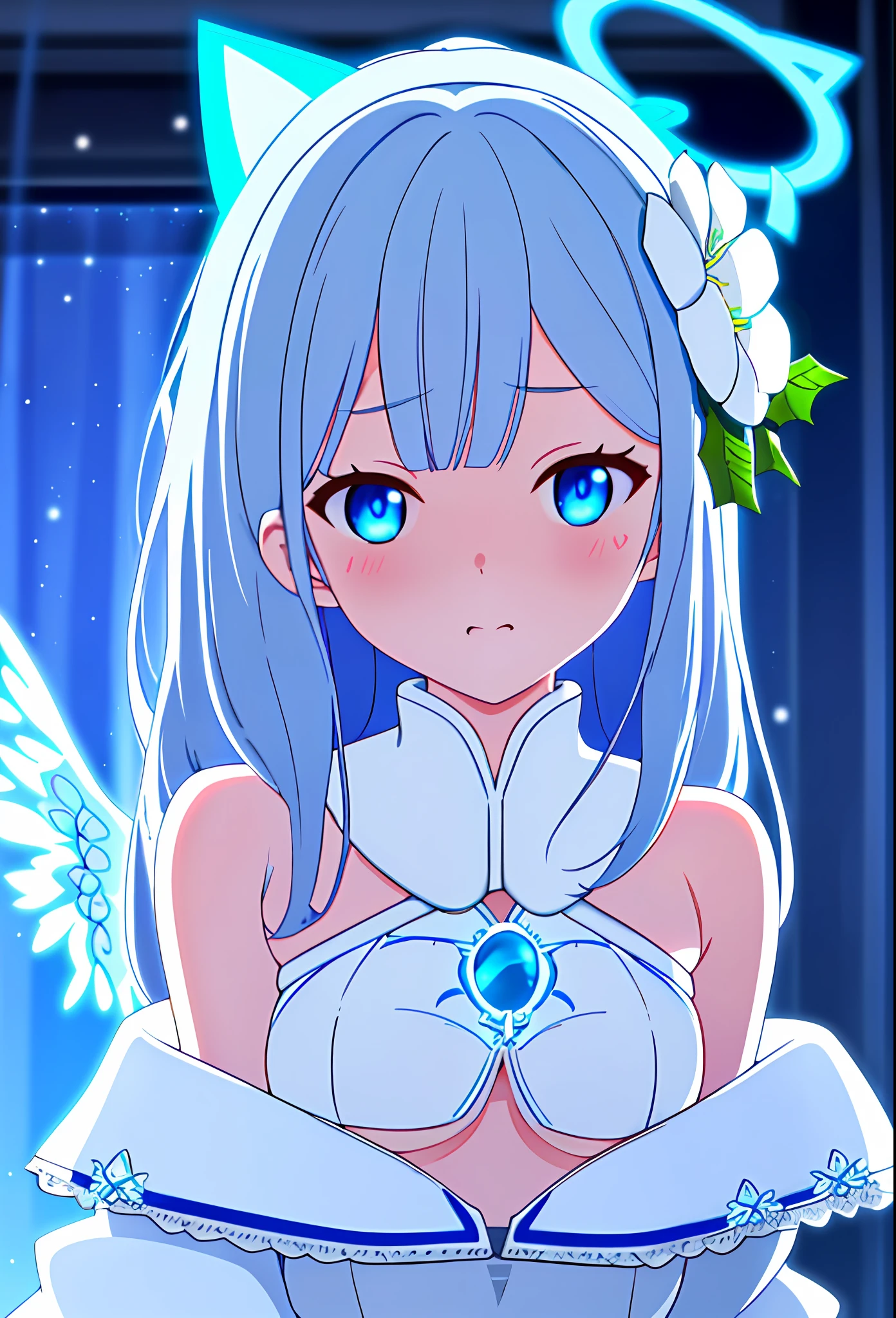 (sunaookami shiroko:1.2), {{{{masterpiece, extremely detailed, intricate details, soft focus, 8K, highres, depth of field, absurdres, high quality facial shadowing, dynamic shadowing, extreme shaders, cinematic lighting, perfect lighting, soft lighting, hazy lighting, blurry foreground, lens flare}}}}, best quality, asian qualities, {front view}, (solo:1.2), (beautiful young girl:1.3), high school girl, {{{extremely detailed girl, perfect anatomy, perfect body}}}, (detailed neon angel halo:1.4), bright blue double halo, (beautiful-detailed hair:1.3), dark silver hair, luscious curly hair, (hair splayed out:1.2), beautiful-detailed facial structure, detailed beautiful face:1.3, sexy face, cute face, slender facial structure, (detailed face:1.33), (beautiful-detailed eyes:0.7), big eyes, (detailed eyes:1.2), glowing bright blue eyes, cat eyes, (detailed cat ears:1.3), neon silver blue cat ears, (detailed wings:1.4), small white angel wings, (detailed boobs:1.3), small size boobs, (detailed facial expression:1.1), shy, slightly open mouth, detailed red blush, shy hand gesture, (detailed hair ornament:1.3), (white flower side hair ornament:1.3), (winter school uniform:1.3), (off-shoulder jacket:1.5), beautiful-detailed pure white off-shoulder fluffy school jacket, (detailed strapless halter sun-dress:1.3), beautiful-detailed white plain short dress, (strapless string halter dress:1.5), detailed a-line skirt, winter night, (enhanced background:1.4), snow falling at midnight with clear skies overhead, snow on sidewalks with Christmas lights on tree's surrounded the viewer, (cowboy shot:1.1), hazy photo, (warm photo:1.3)