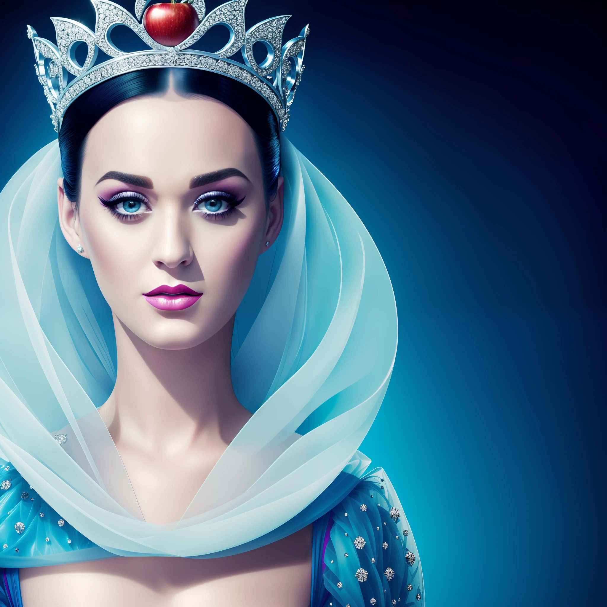 katy perry, a closeup of a woman holding an apple wearing a crown, full body, portrait of snow white, female disney villain, snow white, evil princess, disney villain, villainy, disney weta portrait, pale snow white skin, evil villain, high quality, cinematic STAGE, 8k image, high image quality