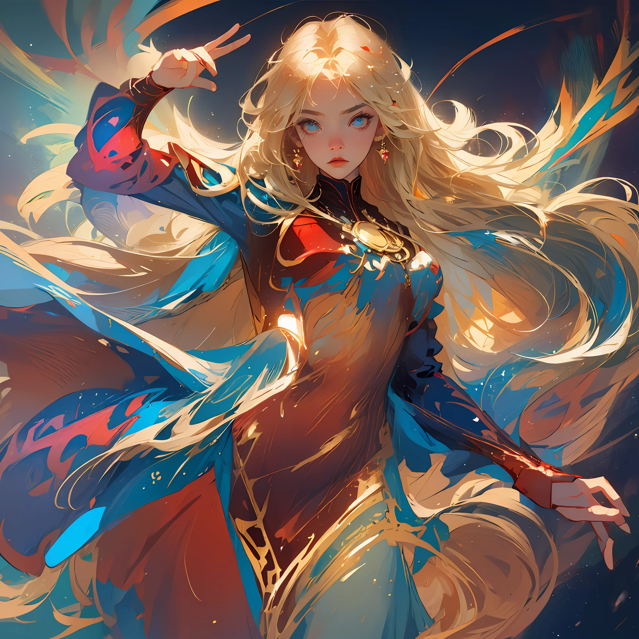 Beautiful woman, blonde, long hair, bangs hair, strong, beautiful, super girl DC comics, blue and red swimsuit, , red and gold robe, energy, action, impactful, floating in the air, from below, night energy --auto --s2