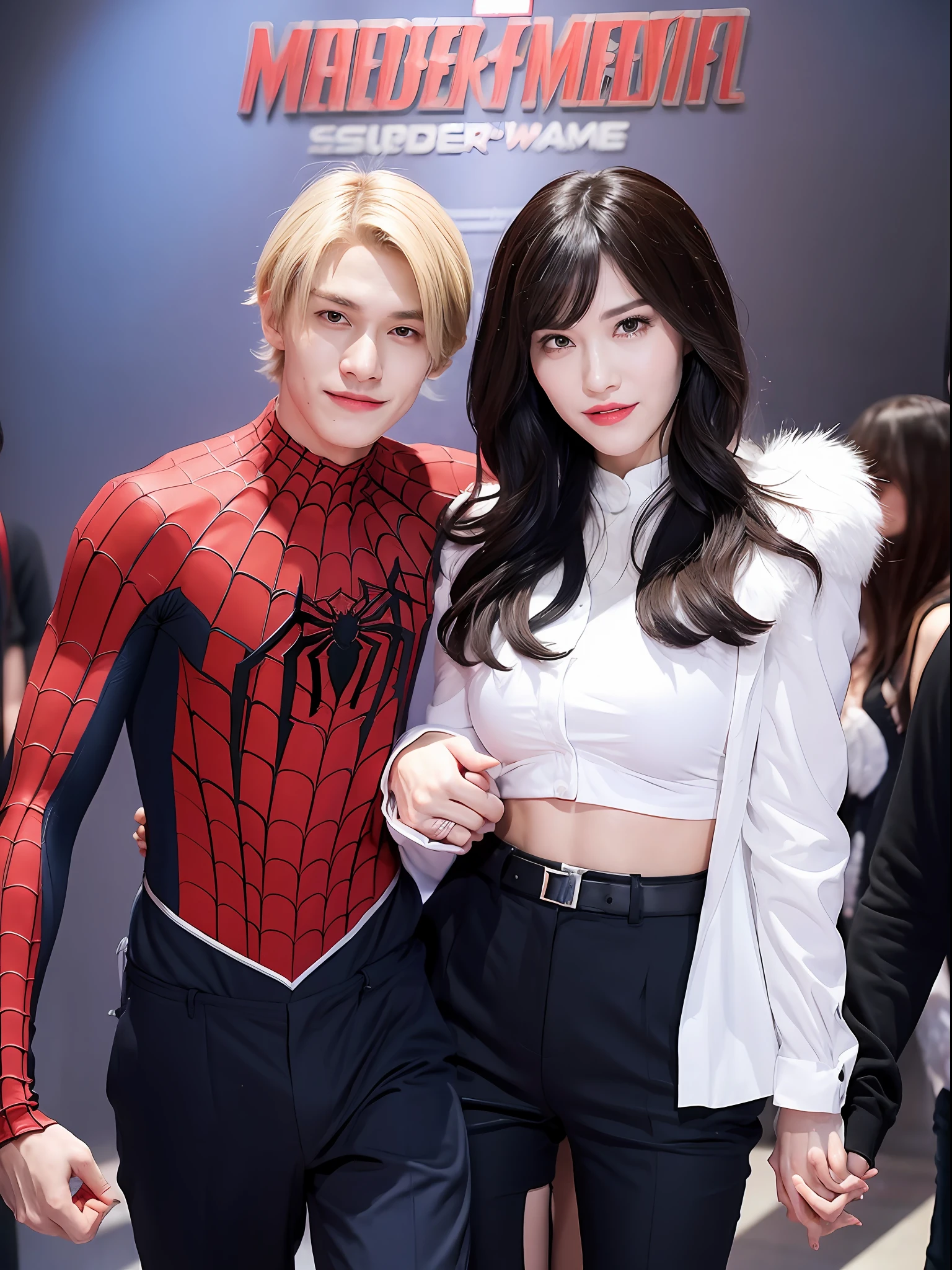 Gwen spider woman and Miles spiderman, couple, happy holding hands, lovers, spider across, Marvel