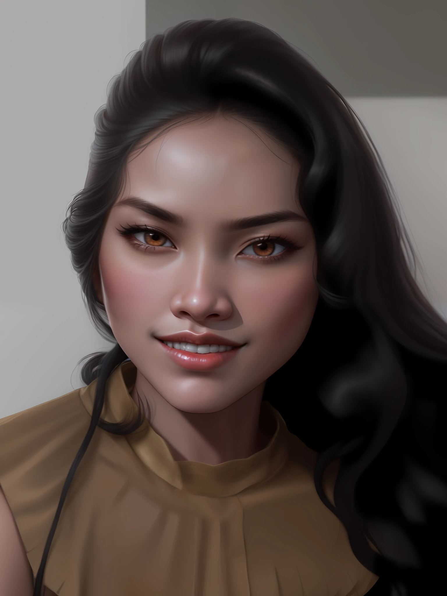 30 year old arafed woman with long black hair and a brown blouse, cindy avelino, close-up headshot, portrait of modern darna, jisoo of blackpink, nivanh chanthara, jisoo of blackpink, serena malyon, leaked image, zenra taliyah, ayahausca, mai anh tran, inspired by Sasha Putrya, face beuatiful