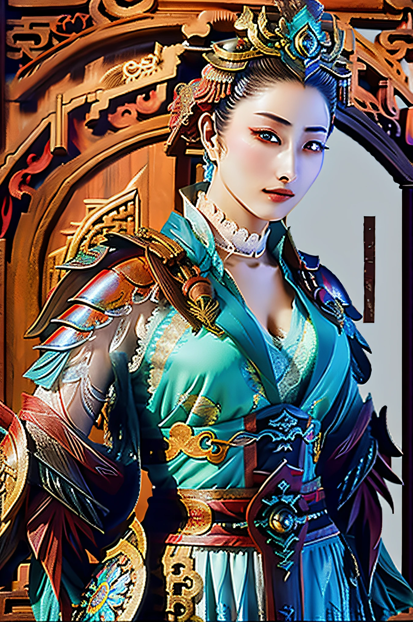 full body xianxia, 20 years old, lace armor, Beijing opera,glowing eyes, Chinese Dragon armor, large breasts, showing cleavage, strong dynamic pose, looking back