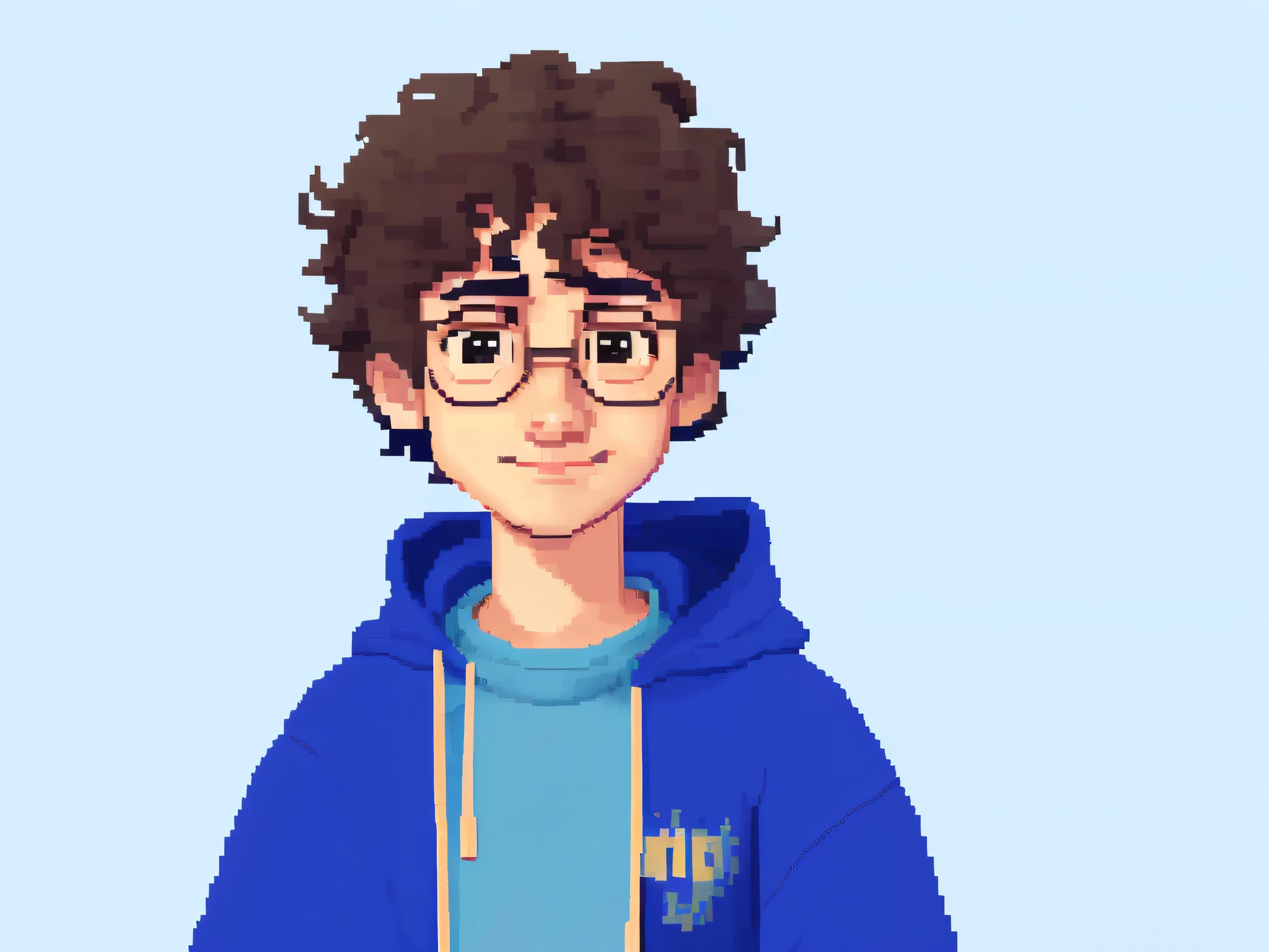 A closeup of a person wearing a blue hoodie and glasses, #pixelart:3, character portrait of me, 2d portrait, half-body portrait, 2d sprite, character concept portrait of me, lofi portrait, #pixelart, #pixelart, detailed character portrait, full body portrait of a short!, a character portrait, high quality portrait, /r/pixelart short hair,undercut haircut