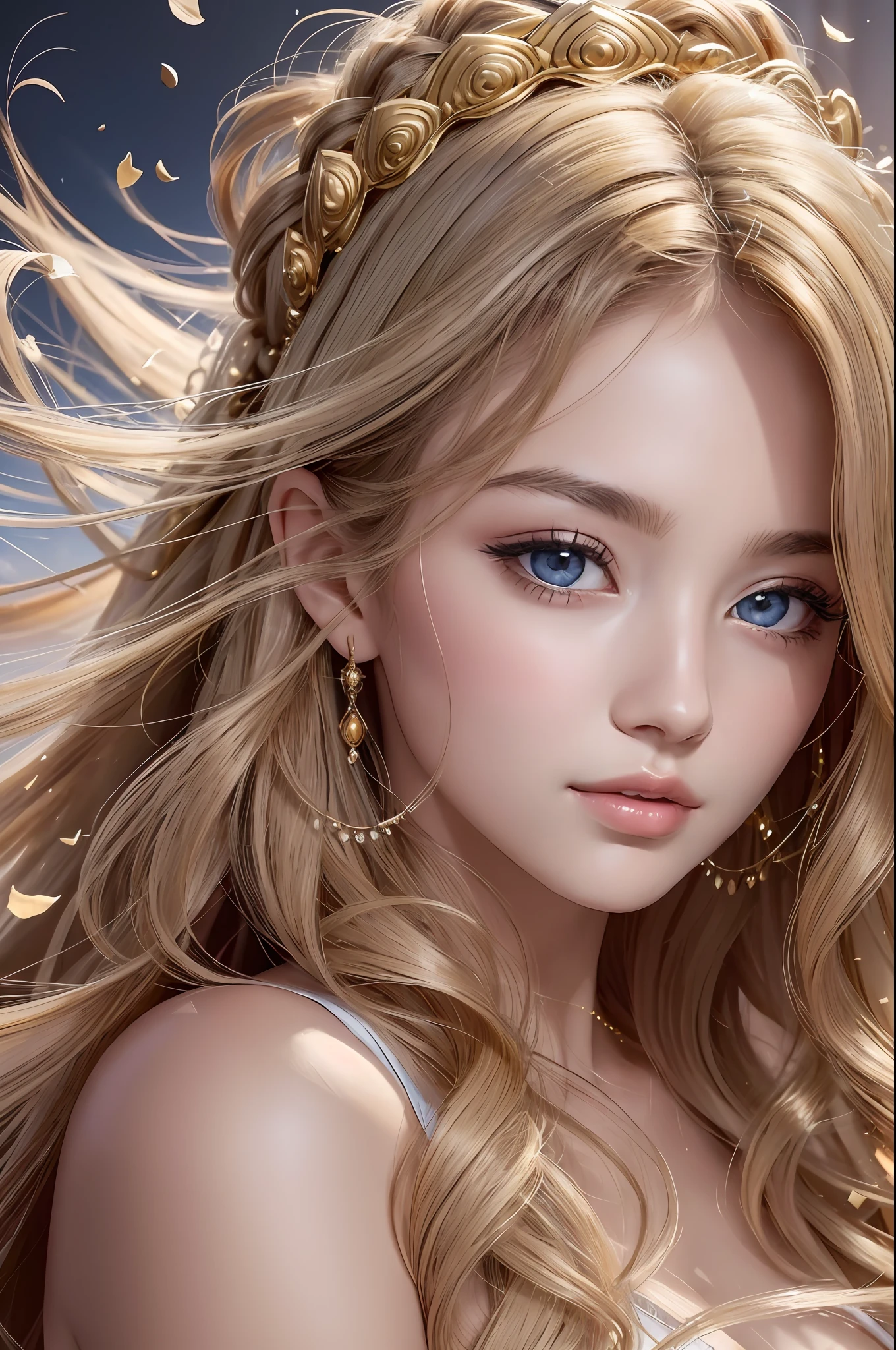 Absurd, ultra-detailed, high quality, masterpiece detailed face, beautiful eyes(eyes detailed) , Greek mythology, Goddess, Aphrodite , a vision of ethereal loveliness, radiating an enchanting aura that captivated all who beheld her, possessed a grace that seemed otherworldly and a charm that could sway even the most steadfast hearts, more beautiful than anything or anyone in the universe, hair flows like strands of spun silk, cascading in waves of lustrous gold. eyes are deep and mesmerizing, sparkling with a divine light that reflects the depth of her passion and the mysteries of love, lips is delicately curved, hold a hint of a knowing smile, teasing and alluring in their gentle grace, skin is flawless, smooth as petals of the finest rose,