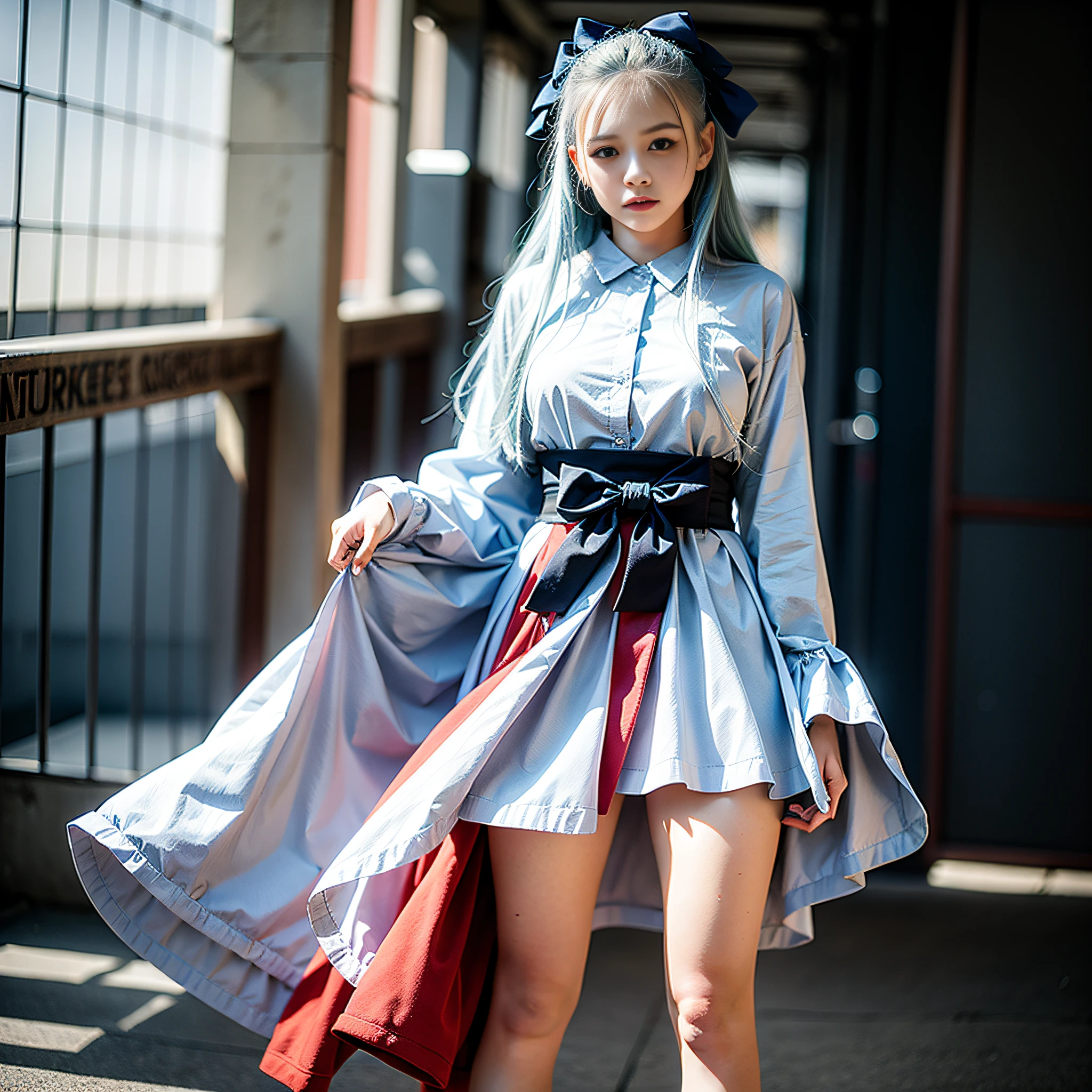 white girl 14 years realistic,beautiful,long light blue hair to the waist,school clothes white blouse with red bow and navy blue skirt,full body,, on blurry background in 10k resolution