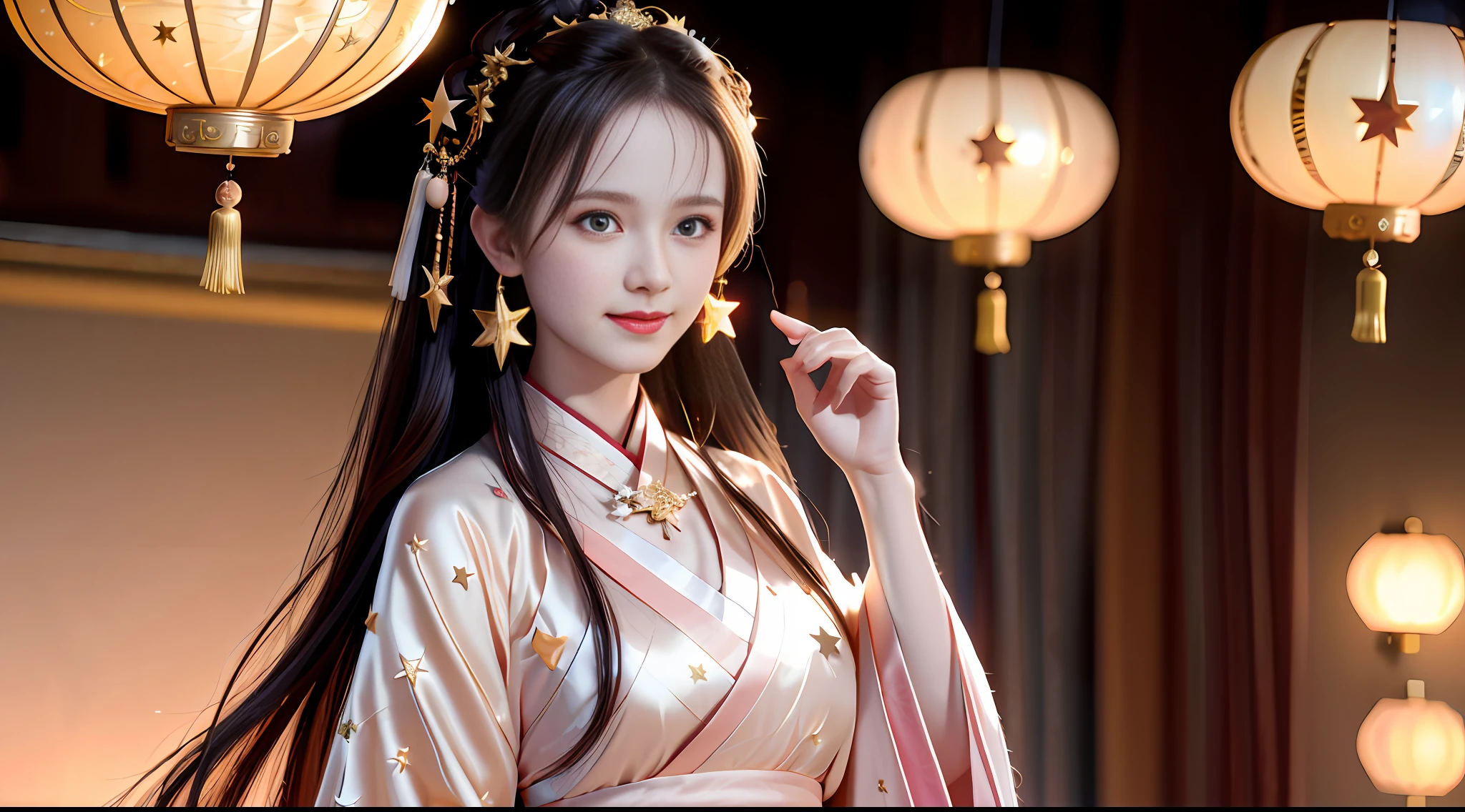 best quality, masterpiece, highres, 1girl,blush,(seductive smile:0.8),star-shaped pupils,china hanfu,hair ornament,necklace, jewelry,Beautiful face,upon_body, tyndall effect,photorealistic, dark studio, rim lighting, two tone lighting,(high detailed skin:1.2), 8k uhd, dslr, soft lighting, high quality, volumetric lighting, candid, Photograph, high resolution, 4k, 8k, Bokeh