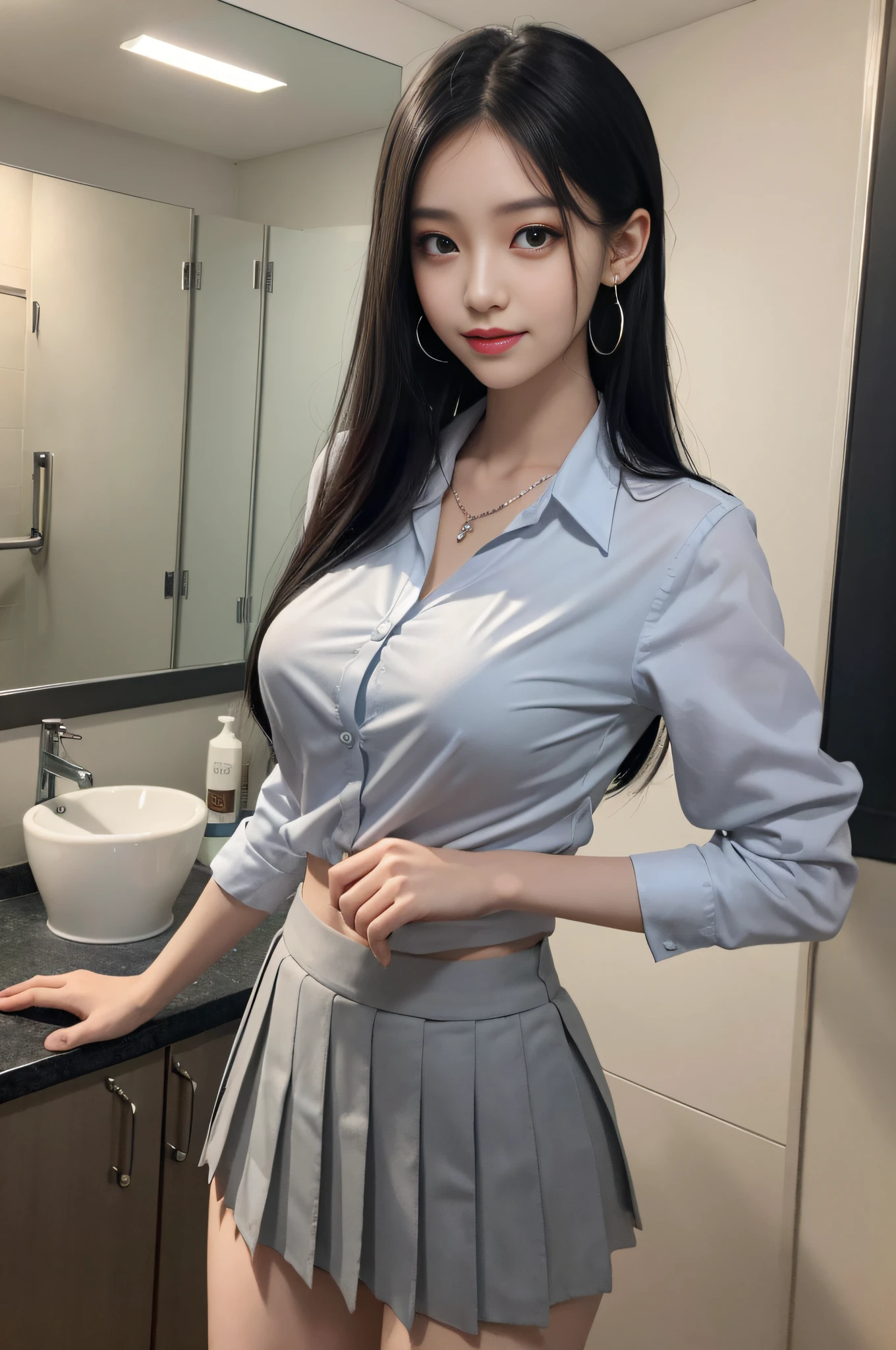 Gray eyes, Korean school uniform, summer school uniform shirt, ribbon, skirt, bright blonde, school toilet, school washroom, mirror, chest thrusting pose, chest bragging pose, 8k raw photo, high resolution, cool Korean at 18 years old, big round breasts, beautiful eyes in detail, long eyelashes, beautiful double eyelids, eye shadow, eyeliner, slender eyes, elongated eye shape, Sanpaku eyes, evil smile, evil look, beautiful very thin legs, beautiful very thin thighs, random medium hair, hair tied behind the head, earrings, necklaces,