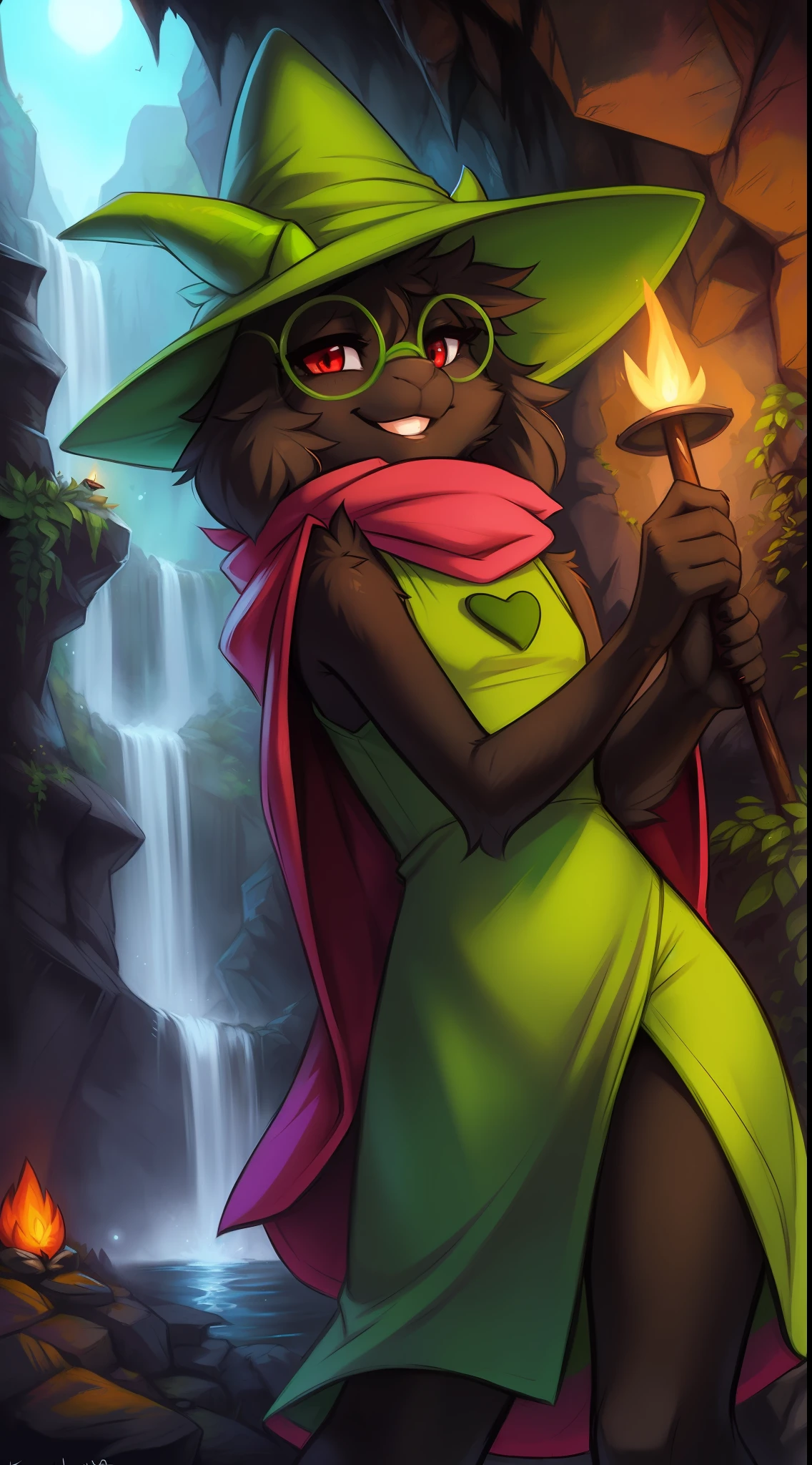 Ralsei, female, 1girl, outside, solo, body fur, high res, clothed, furry, sharp focus, colorful, cave, by fluff-kevlar, by Zackary911, by Kenket, by Kilinah, by fluff-kevlar, looking at the viewer, (detailed Ralsei), (detailed body), (detailed lighting), smug smile, half-closed eyes, striped stockings, green bikini, no clothes, no dress, black body, goat, red eyes