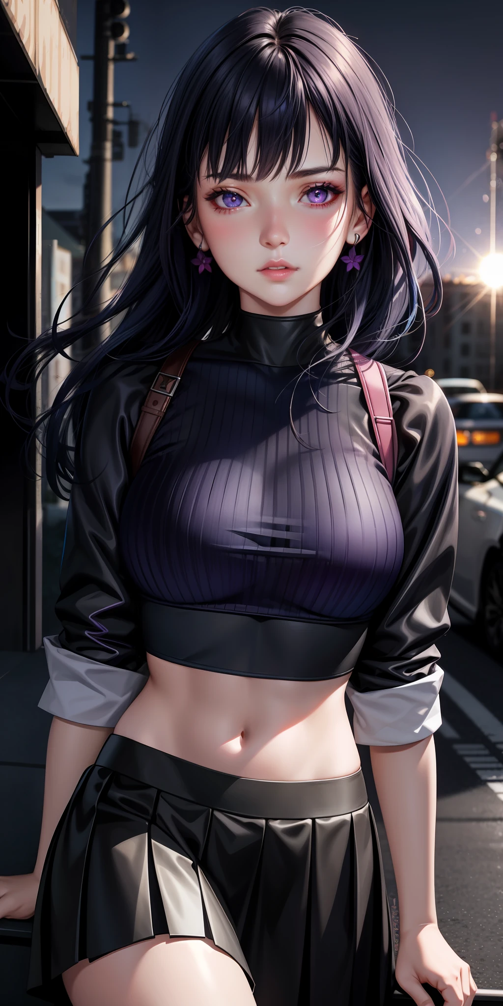 realistic, 1girl, dark blue hair, purple eyes, glowing eyes, crop top, skirt, parted lips, blush, night, flowers, sun, sunlight,