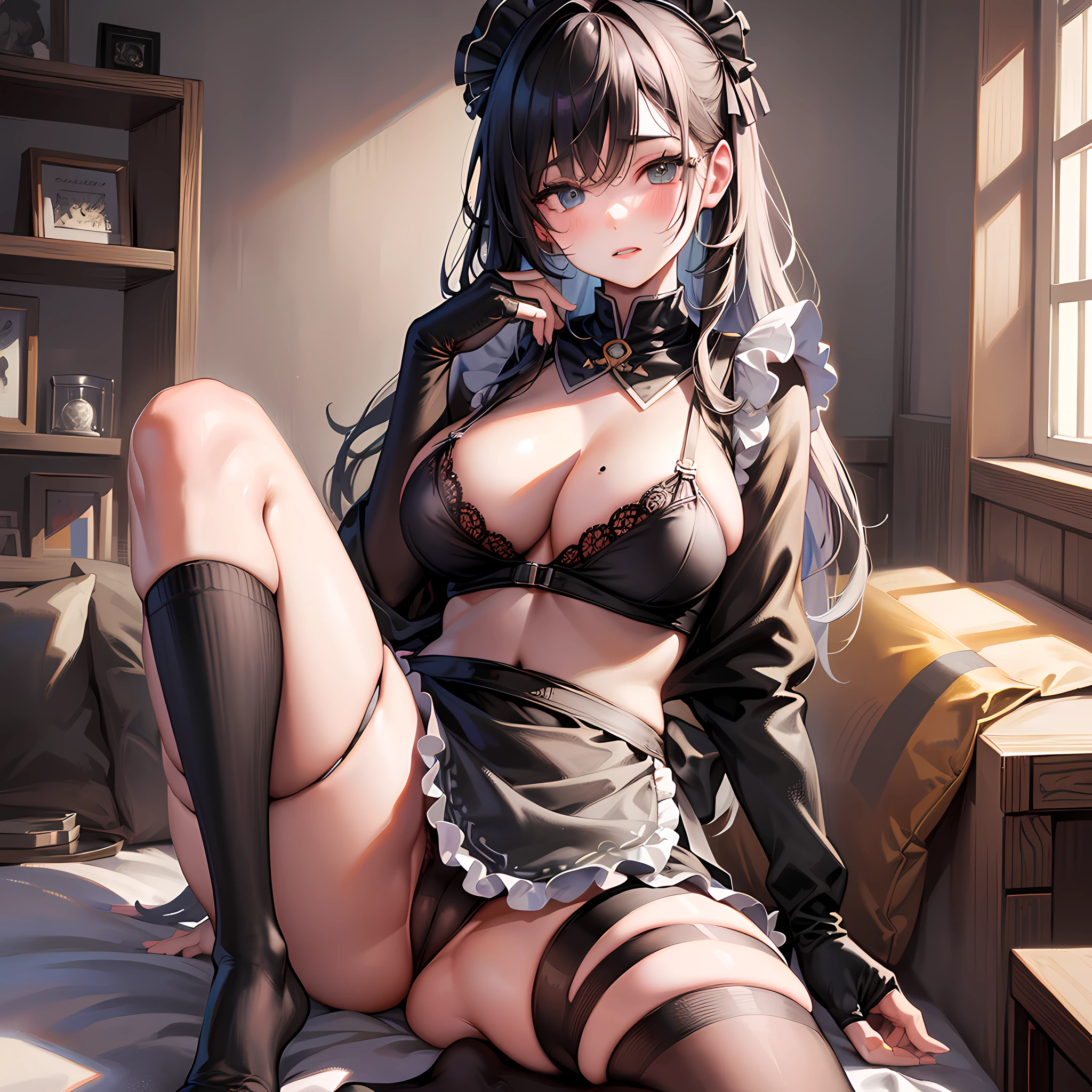 (hyperrealistic), (illustration), (high resolution), (8K), (extremely detailed), (best illustration), (beautiful detailed eyes), (best quality), (super detailed), (masterpiece), (wallpaper), (detailed face), solo, (dynamic pose), 1 girl, white wavy hair in the bedroom, Korean, heterochromic eyes, small moles under the eyes, ((apron)), large breasts, long legs, squeezes the abdomen, (camel fingers), (black socks), (no panties), (no bra),  (full body)