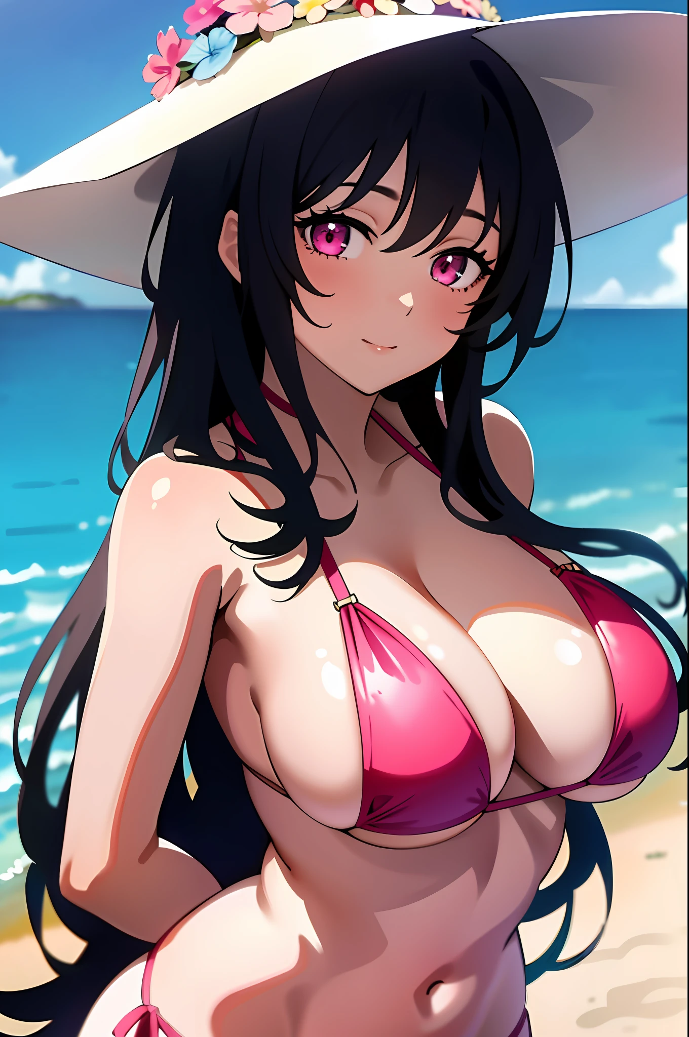 masterpiece, best quality, 1girl, looking at viewer, cute, bikini, (seascape), large breasts, pink eyes, himejima akeno,  black hair, long hair,  beautiful detailed eyes, beautiful detailed glow, lots of glow, arms behind head, embarrassed, (upper body:1.4)