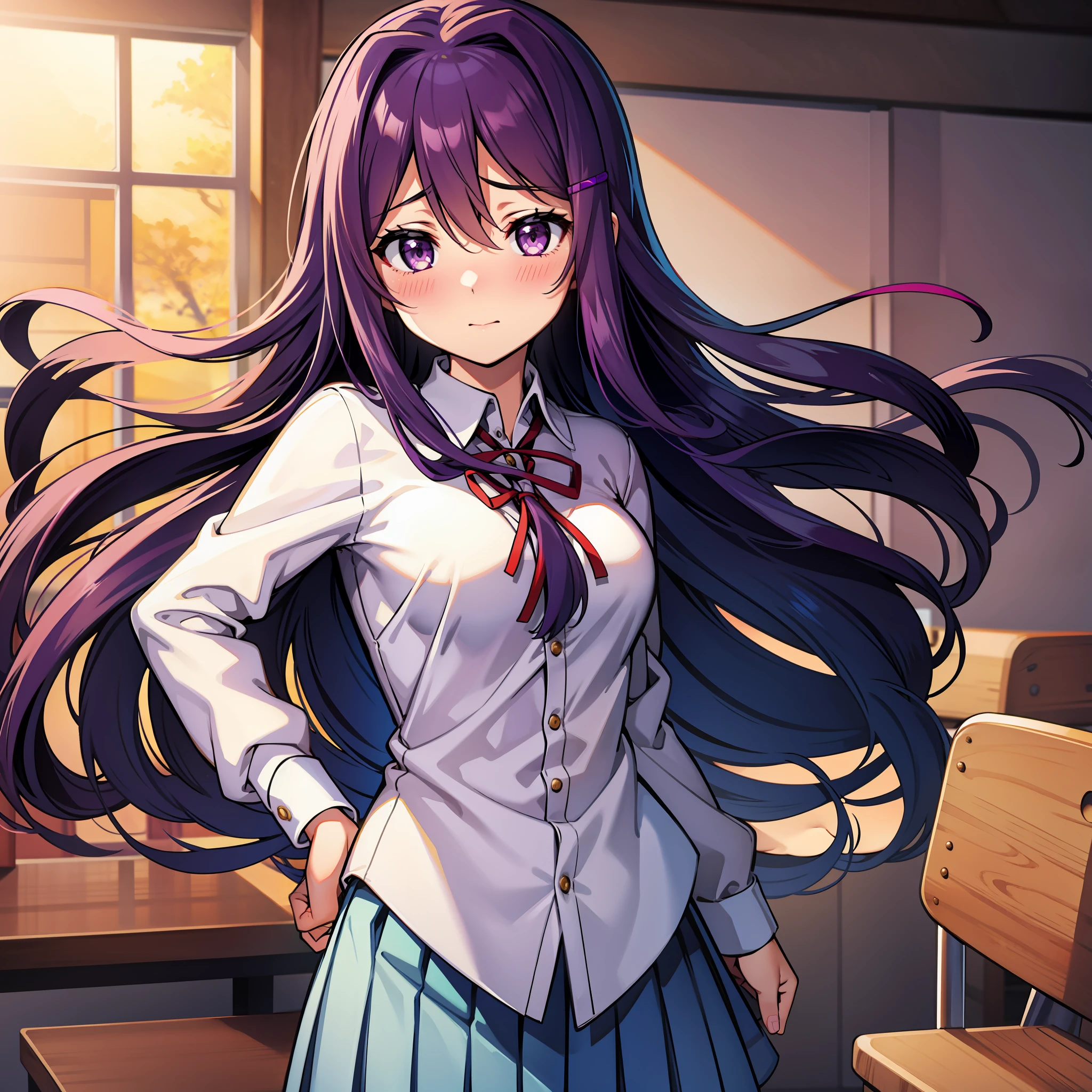Yuri,classroom,purple hair,blush,,1girl, long hair,hair between eyes, hairclip,embarrassed,medium breasts