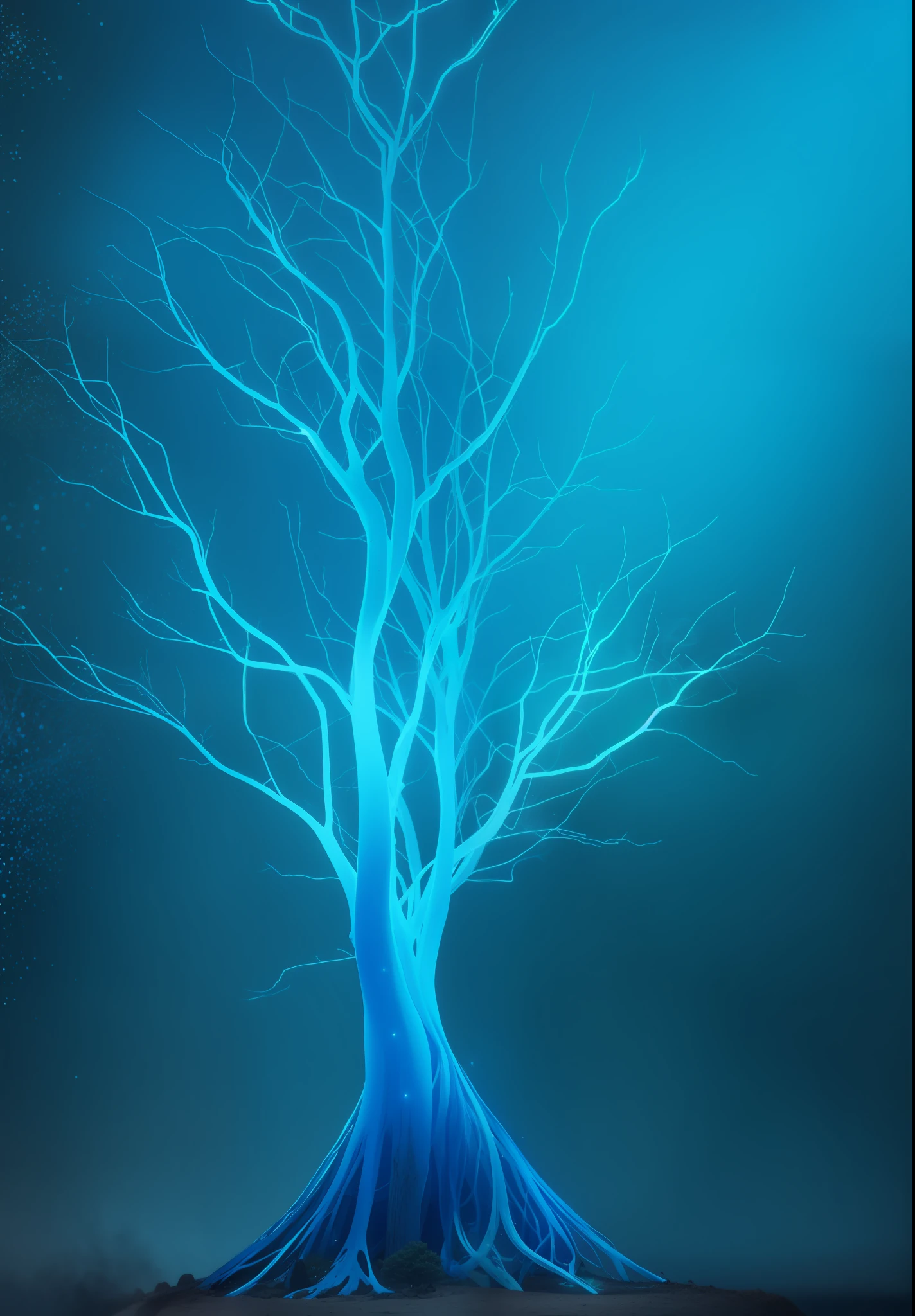 Blue fluorescent smoke, realistic tree, dark background