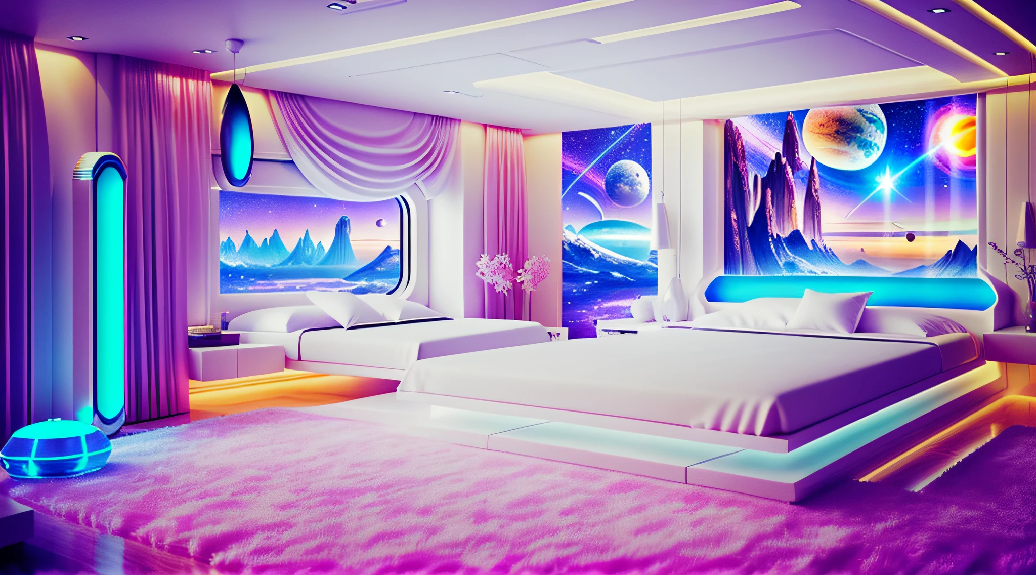 (a 3D room in Japanese anime format), (best quality), (beautiful fantasy landscape), (The environment is a room located inside a huge space aircraft), (a futuristic and feminine atmosphere at the same time), (The room is spacious and well-lit with large windows that offer stunning views of outer space showing bright stars and distant planets),  (The walls of the room are coated with a white metallic material giving a sense of advanced technology However to add a feminine and cozy touch there are details in pastel tones such as light pink lavender and soft blue present in some areas of the environment such as cushions curtains or decorative objects), (room for streamer of vtuber) , (3d drawing),  (anime), (3d anime), (interior of a huge spaceship), (outer space), (galaxy), (stars), (planets), (floating headboard), (In the center of the room there is a huge panoramic window that offers a breathtaking view of the planet, showing alien landscapes twinkling stars and distant galaxies The window is coated by a transparent material), (LED strips around the furniture to add a luminous and futuristic effect),  (small statues or figures of robots on shelves, bedside tables or on the work area; These statues can be made of metal, plastic or other futuristic materials), (soft LED lighting).