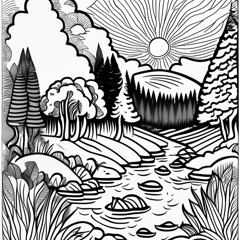 (detailed, high quality), coloring pages, illustration of scenic landscape, trees, animals, flowers, sun, clouds, wildlife, lush nature, vivid colors.