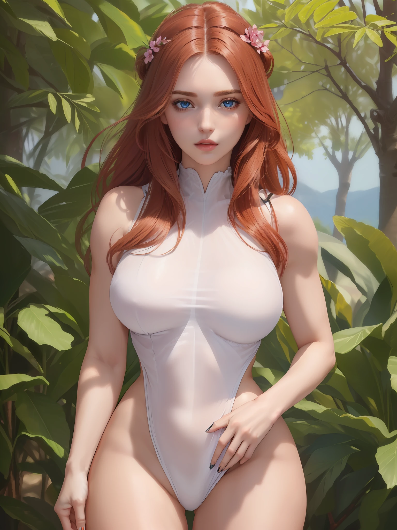 (masterpiece, best quality, extremely detailed 8k, ultra hd, ultra-detailed, highly detailed, highly realistic, photo realistic), (1girl:2.0), (beautiful realistic face, detailed realistic face), (high detailed realistic natural red hair, beautiful realistic hairstyle), (beautiful realistic eyes, high detailed realistic blue eyes, proportional eyes, realistic pupils, high detailed pupils), (high detailed realistic natural eyebrows), (high detailed realistic lips, beautiful realistic lips, pink lipsticks), (high proportional realistic breasts, realistic big breasts), (upper body from head to thighs:2.0), (slender body:1.5), (clarity:1.1), extremely detailed realistic skin, sharp focus,