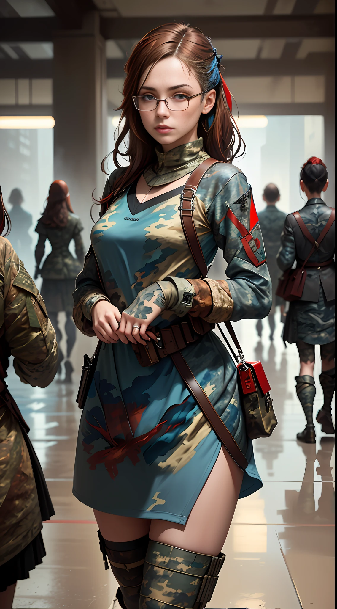 (((6 Girls:1.3))) (genetic artwork), realistic epic, hyperrealistic style. with bright blue eyes.walking through a city airport with a White dress, Jeremy Mann style, James Gurney painting style, fully dressed, jeremy mann art, by Marek Okon, Leonid Afremov painting, wadim kashin. ultra-realistic, by Carlos Berlanga, influenced by Jeremy Mann, elegant Clean Lines. (((Blue and Brown Red Camouflage:1.6)))), Glasses reflecting light, art by greg rutkowski and artgerm, soft cinematic light, adobe lightroom, photolab, hdr, intricate, highly detailed, (depth of field:1.4), (natural skin texture, hyperrealism, soft, crisp light:1.2), (dark photo:1.22), neutral colors, (hdr:1.4), (muted colors:1.4), (intricate), (artstation:1.2), hyperdetailed, dramatic, intricate details,  (technicolor:0.9), (rutkowski:0.8), cinematic, detailed, (intricate details:1.12), HDR, (intricate details, hyperdetailed:1.15)