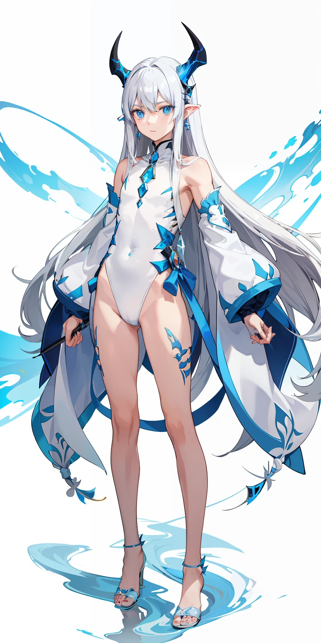 Anime man with naked torso, white long hair and blue eyes. On the head are two small blue translucent horns. Long silver earrings with blue stone