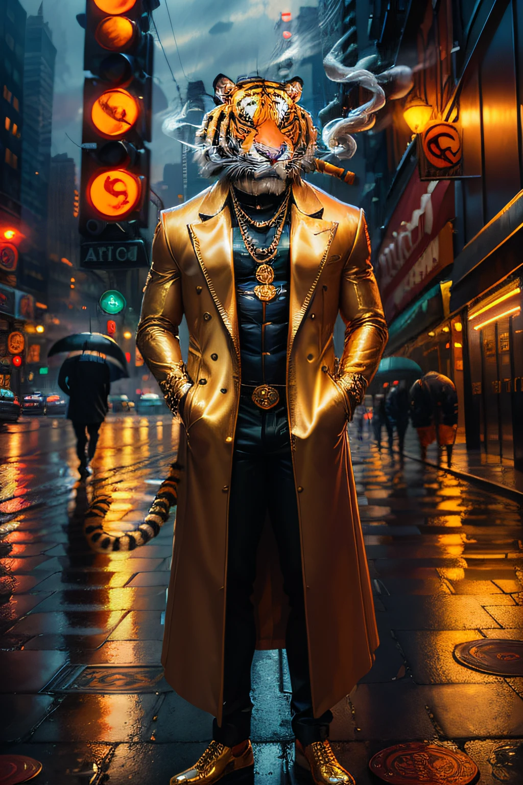 ((realistic)), ((detailed)), illustration, scene perspective (urban setting), character appearance (tiger-headed and humanoid body wearing a sleek overcoat, gold chains, and rings while smoking a cigar amidst a rainy night with an imposing air), background elements (wet streets reflecting the city lights, neon signs and buildings in the background).