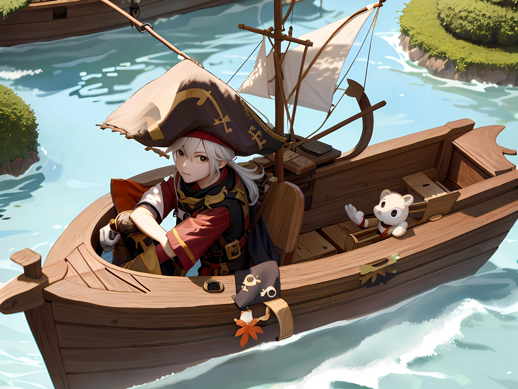 Ant in pirate clothes on a boat made of leaves and plants
