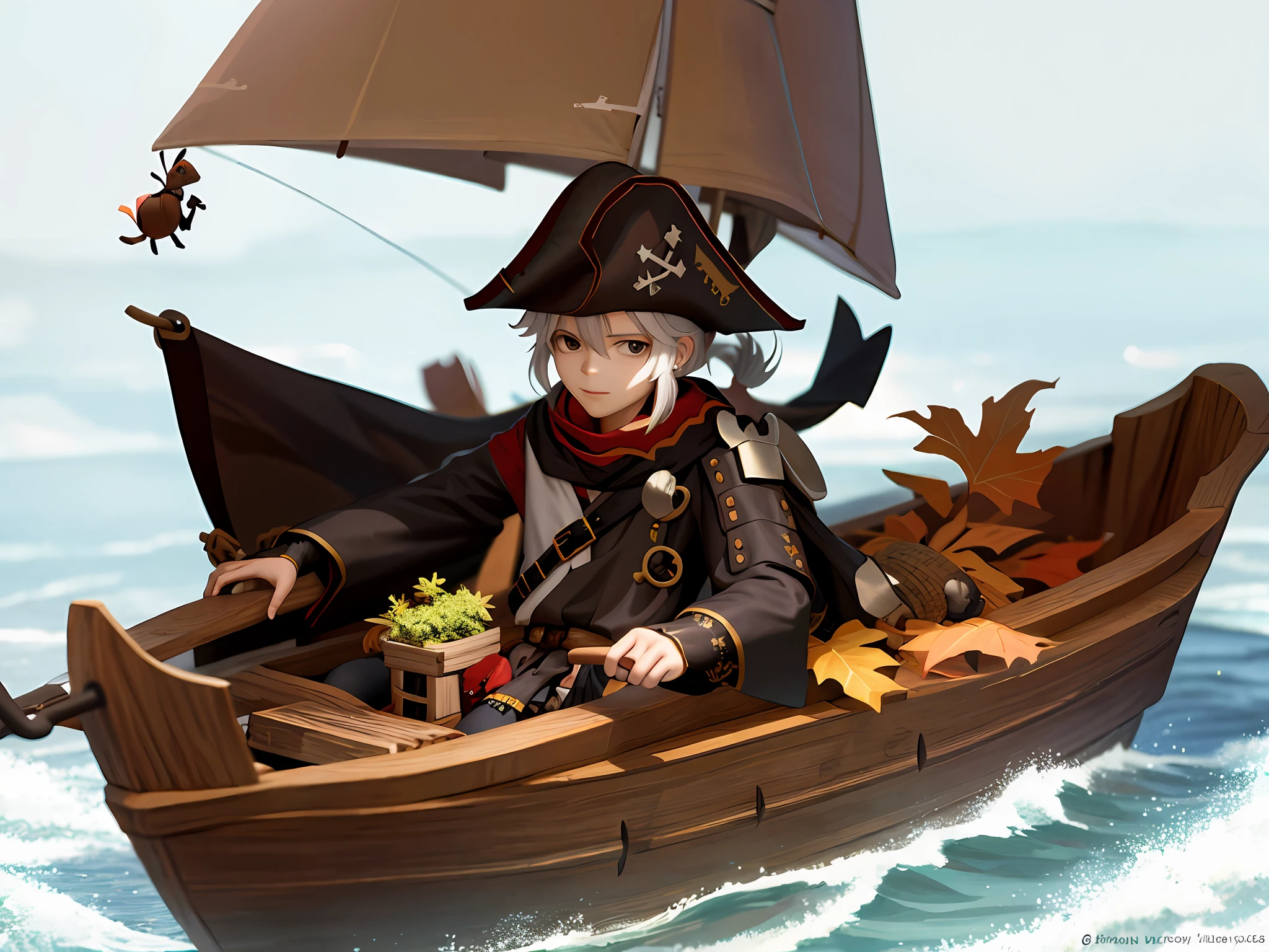 Ant in pirate clothes on a boat made of leaves and plants