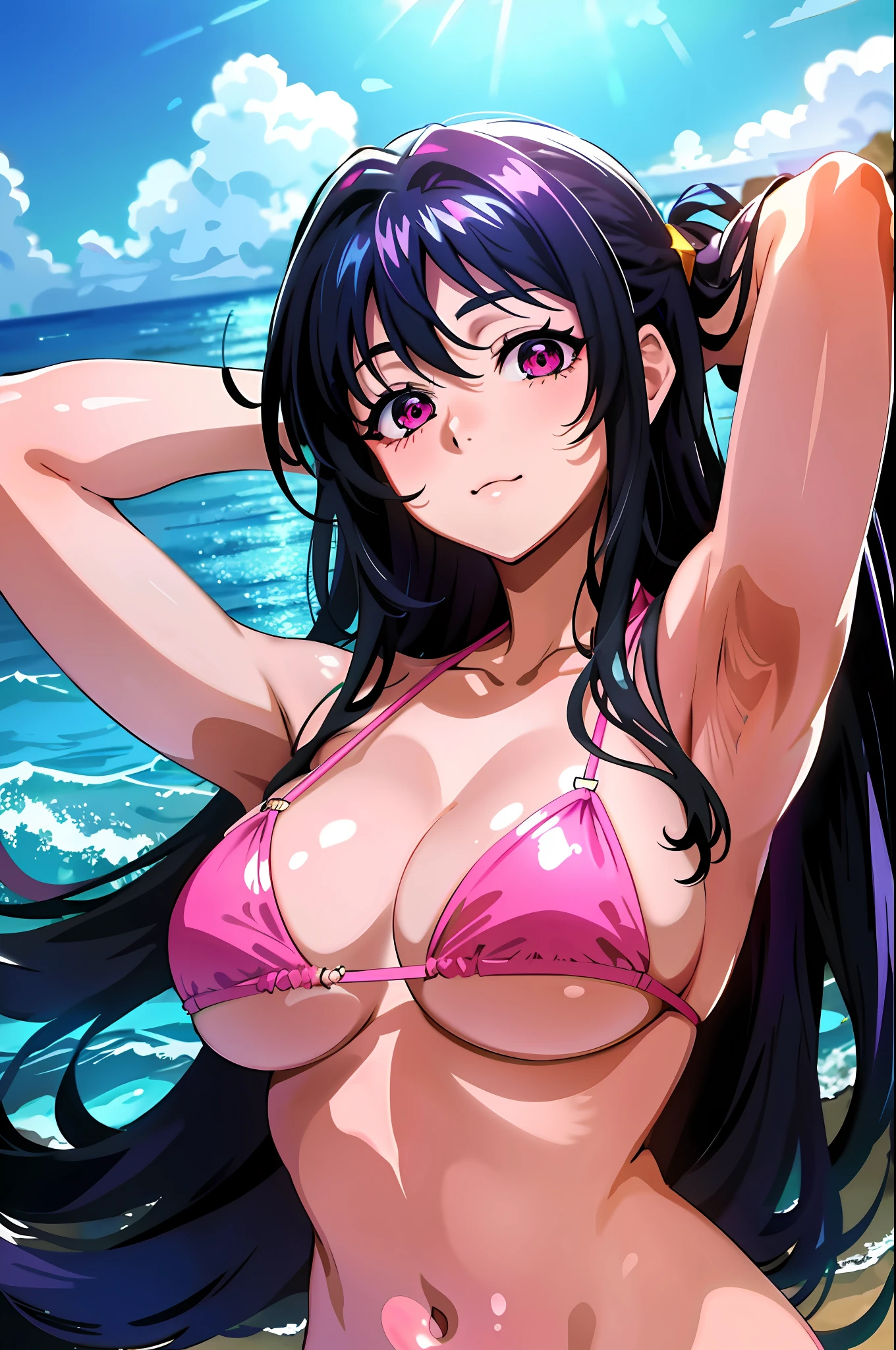 masterpiece, best quality, 1girl, looking at viewer, cute, bikini, (seascape), large breasts, pink eyes, himejima akeno,  black hair, long hair,  beautiful detailed eyes, beautiful detailed glow, lots of glow, arms behind head, embarrassed, (upper body:1.4)