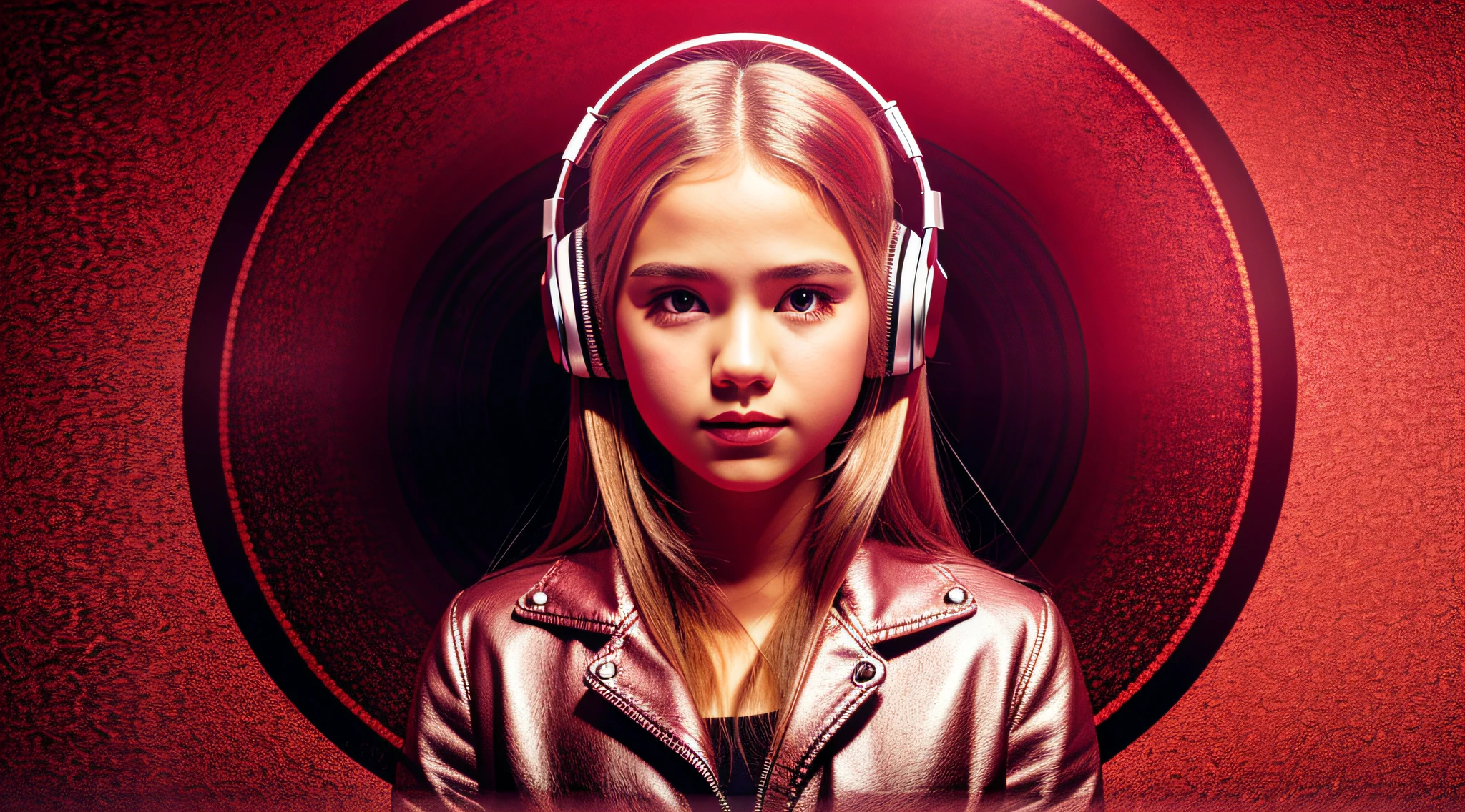 GIRL , RUSSIAN BLONDE long hair and headphones, portrait, SILVER LEATHER JACKET, VINYL AND CDS red background. --auto --s2