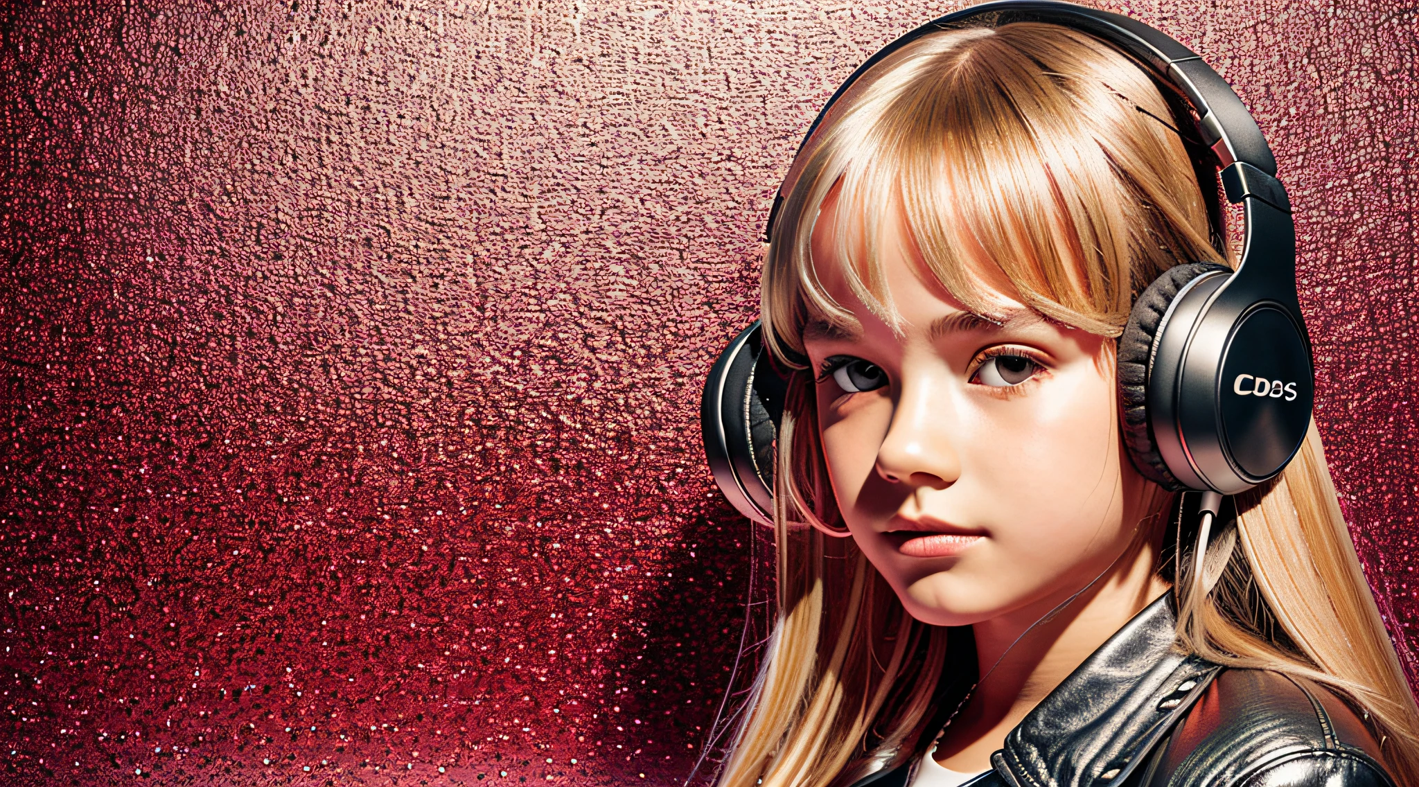 GIRL , RUSSIAN BLONDE long hair and headphones, portrait, SILVER LEATHER JACKET, VINYL AND CDS red background. --auto --s2