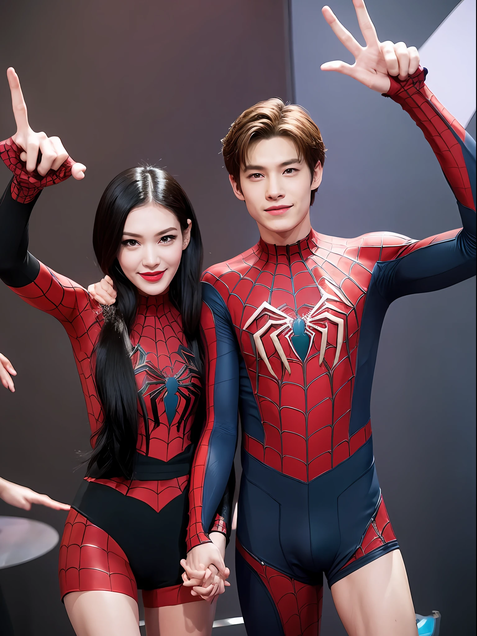 Gwen spider woman and Miles spiderman, couple, happy holding hands, lovers, spider across, Marvel