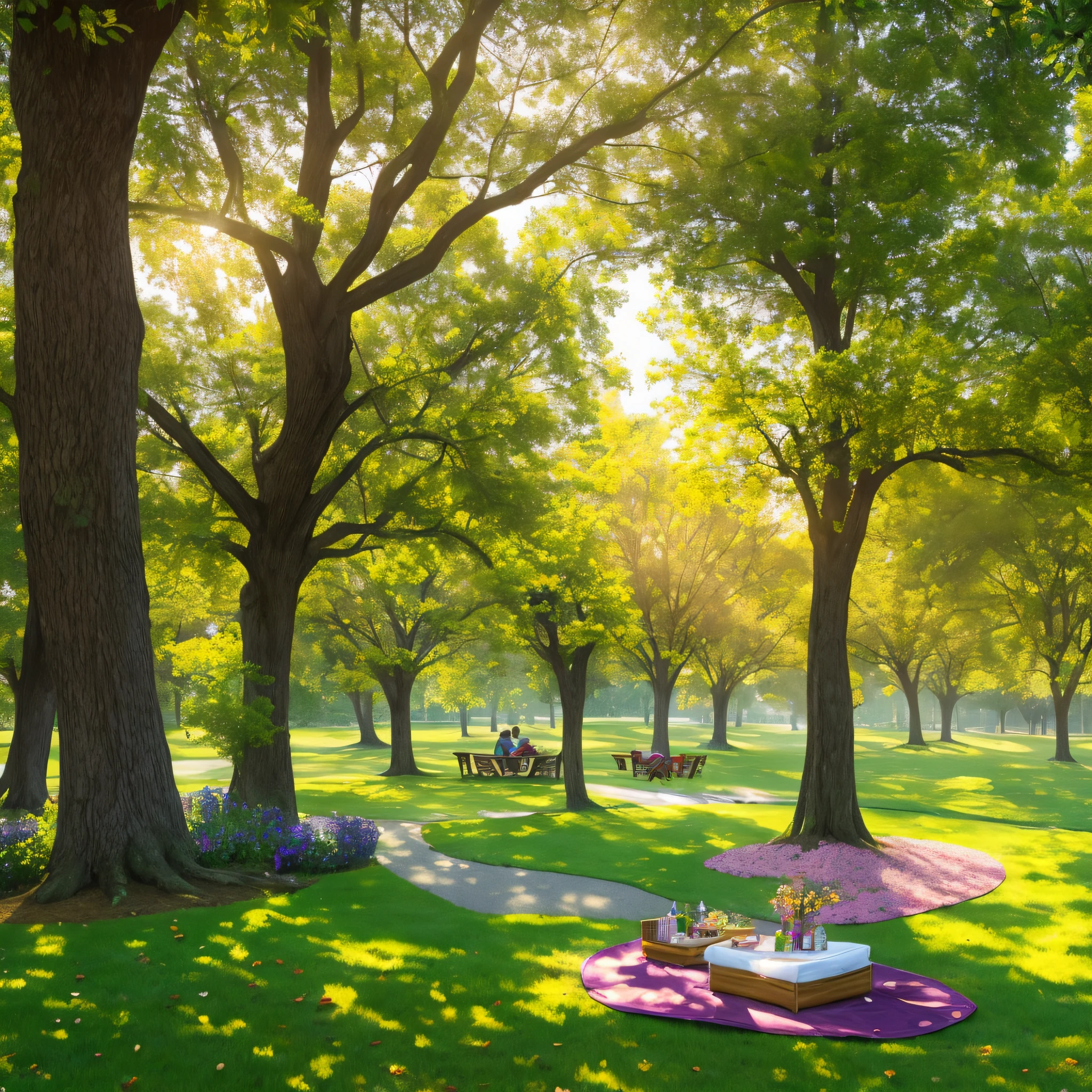 Create an image of a charming park with a quiet and relaxing atmosphere. Imagine a setting with many tall, leafy trees, which provide refreshing shade. The grass is green and soft, inviting people to sit back and enjoy the surroundings. There are some hammocks hanging between the trees, offering a cozy space to rest and enjoy nature. In the center of the park, in a strategically chosen location, there is a picnic mounted on the grass. The picnic consists of an extended plaid towel, filled with fresh and juicy fruits such as grapes, strawberries and watermelon slices. There are also bottles of natural juices and fresh water to cool off during the evening. Sunlight is gently setting on the horizon, bathing the park in a golden light and creating a serene atmosphere. The sky is tinged with warm shades of orange, pink and purple, reflecting softly in the treetops and creating a magical backdrop.