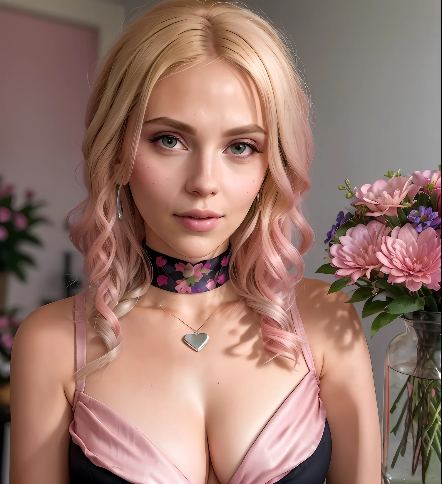 Woman with blonde hair, neckline marking, looking at the viewer, (closeup cleavage), (realistic breasts), tight bra, black outfit (((pink cheek))), purple flowers background, (best quality, ultra hd), silver jewelry, plant vase