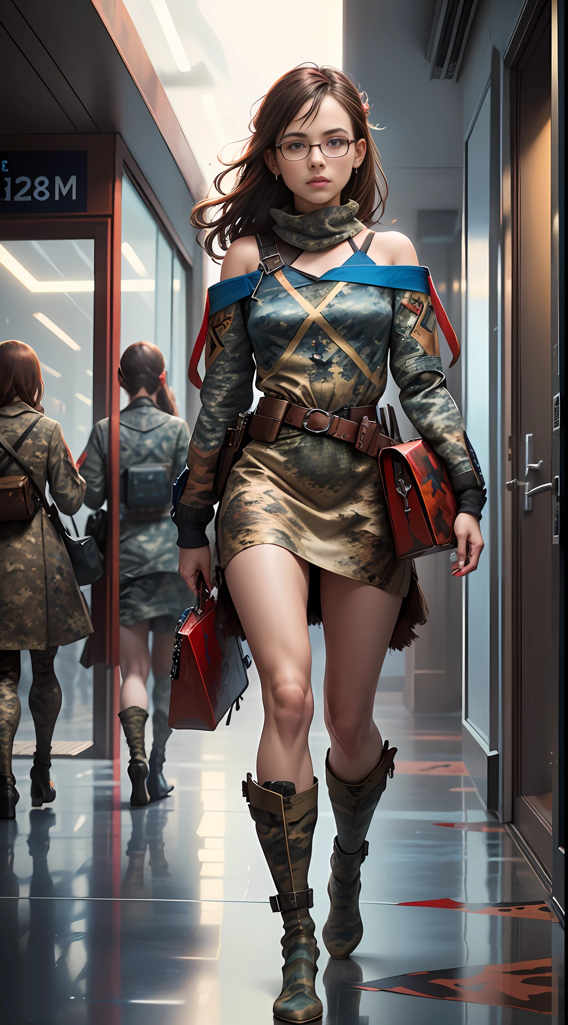 (((6 Girls:1.3))) (genetic artwork), realistic epic, hyperrealistic style. with bright blue eyes.walking through a city airport with a White dress, Jeremy Mann style, James Gurney painting style, fully dressed, jeremy mann art, by Marek Okon, Leonid Afremov painting, wadim kashin. ultra-realistic, by Carlos Berlanga, influenced by Jeremy Mann, elegant Clean Lines. (((Blue and Brown Red Camouflage:1.6)))), Glasses reflecting light, art by greg rutkowski and artgerm, soft cinematic light, adobe lightroom, photolab, hdr, intricate, highly detailed, (depth of field:1.4), (natural skin texture, hyperrealism, soft, crisp light:1.2), (dark photo:1.22), neutral colors, (hdr:1.4), (muted colors:1.4), (intricate), (artstation:1.2), hyperdetailed, dramatic, intricate details, (technicolor:0.9), (rutkowski:0.8), cinematic, detailed, (intricate details:1.12), HDR, (intricate details, hyperdetailed:1.15)