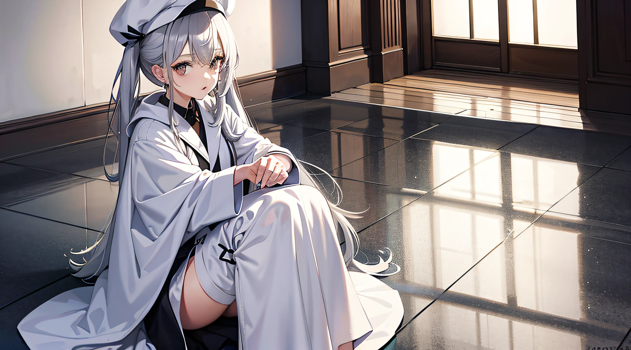 girl, long silver hair, hat, bathrobe, female,