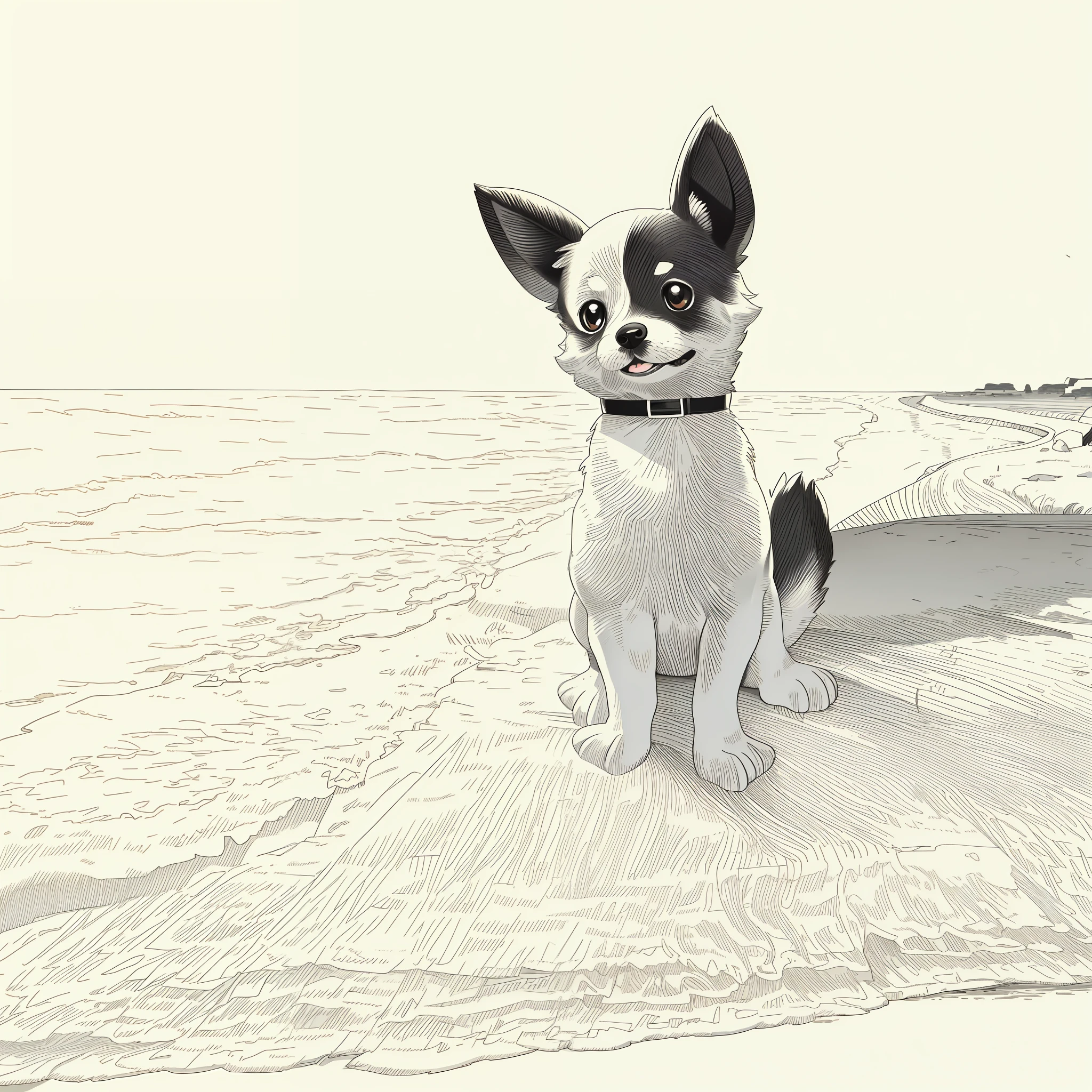 (High quality, 8k) line drawing, lineart, black and white, 1 cute and fluffy chihuahua dog on the beach