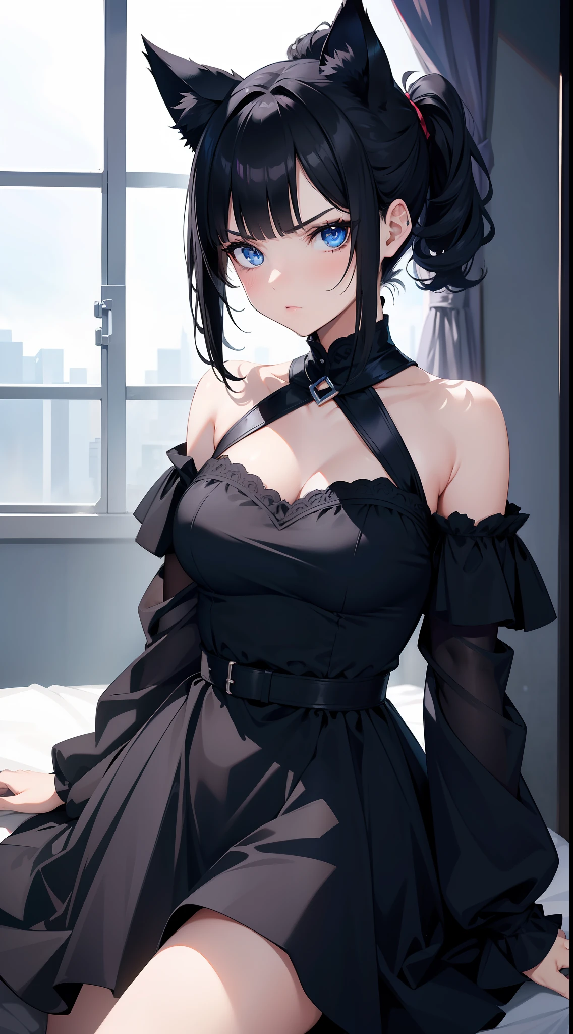 Adult girl, short black hair, high ponytail, blue eyes, cat ears, dark dress, open shoulders, stern look, masterpiece, high quality
