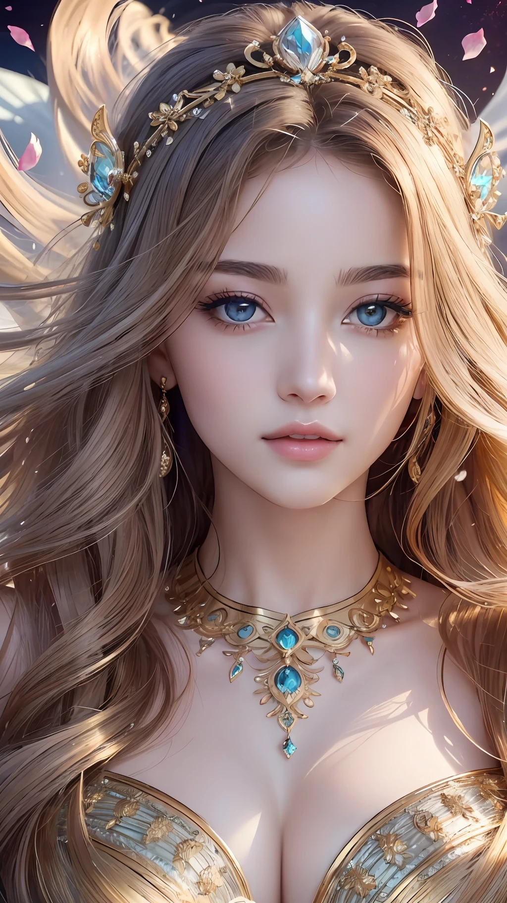 Absurd, ultra-detailed, high quality, masterpiece detailed face, beautiful eyes(eyes detailed) , Greek mythology, Goddess, Aphrodite , a vision of ethereal loveliness, radiating an enchanting aura that captivated all who beheld her, possessed a grace that seemed otherworldly and a charm that could sway even the most steadfast hearts, more beautiful than anything or anyone in the universe, hair flows like strands of spun silk, cascading in waves of lustrous gold. eyes are deep and mesmerizing, sparkling with a divine light that reflects the depth of her passion and the mysteries of love, lips is delicately curved, hold a hint of a knowing smile, teasing and alluring in their gentle grace, skin is flawless, smooth as petals of the finest rose, whole body