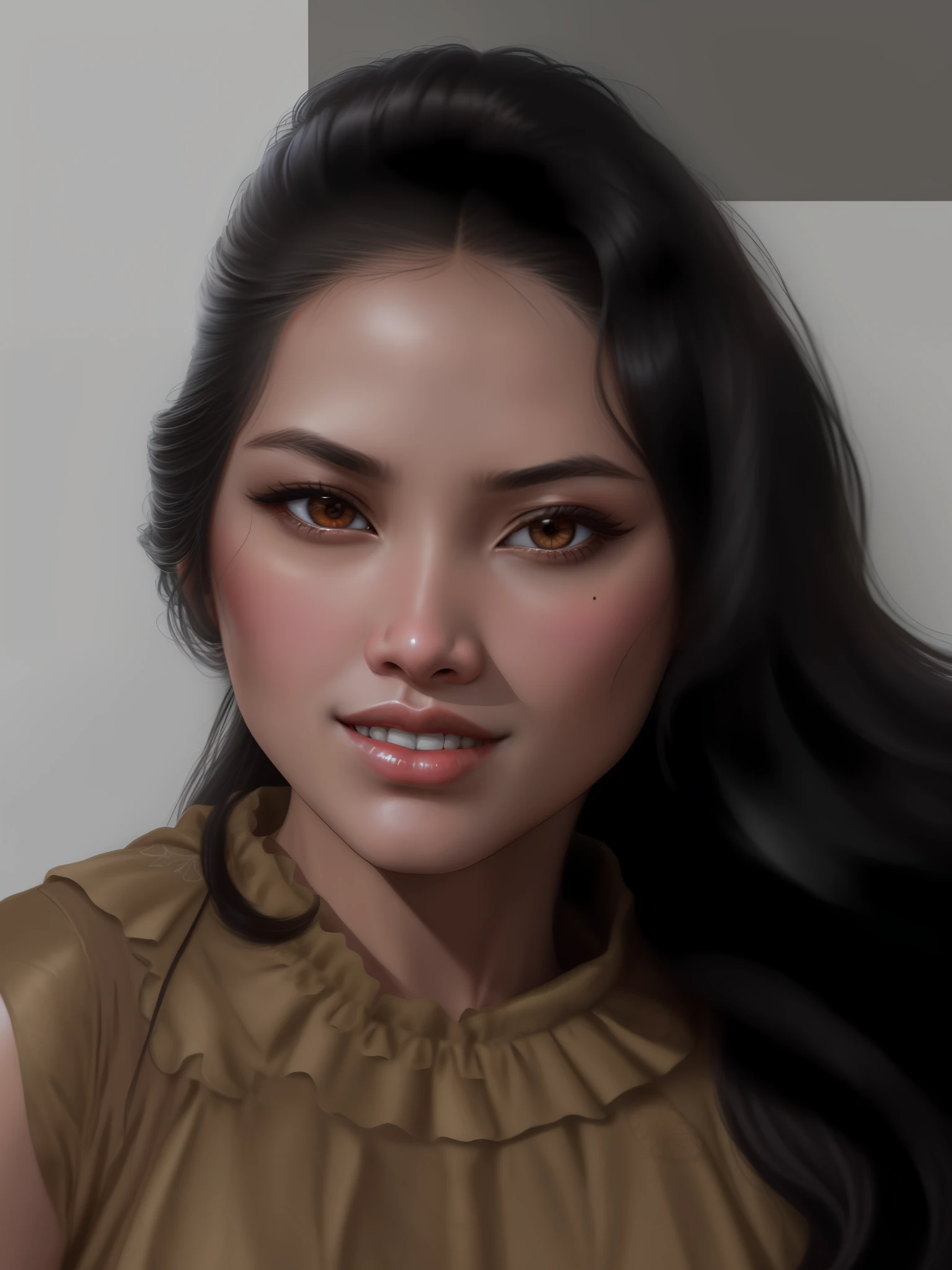30 year old arafed woman with long black hair and a brown blouse, cindy avelino, close-up headshot, portrait of modern darna, jisoo of blackpink, nivanh chanthara, jisoo of blackpink, serena malyon, leaked image, zenra taliyah, ayahausca, mai anh tran, inspired by Sasha Putrya, face beuatiful