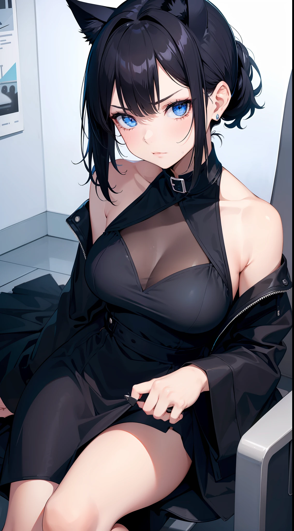 Adult girl, short black hair, high ponytail, blue eyes, cat ears, dark dress, open shoulders, stern look, masterpiece, high quality