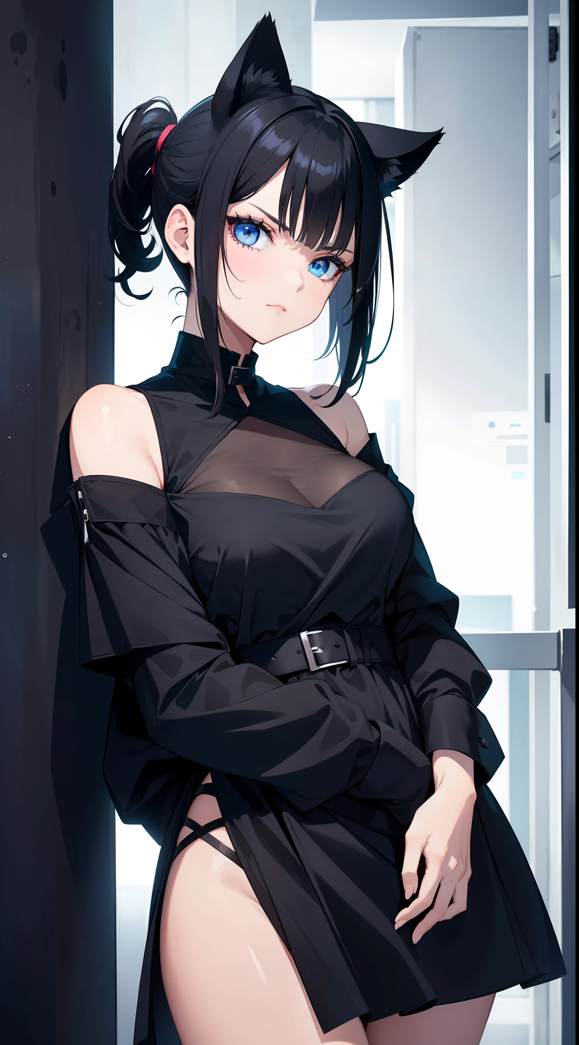 Adult girl, short black hair, high ponytail, blue eyes, cat ears, dark dress, open shoulders, stern look, masterpiece, high quality