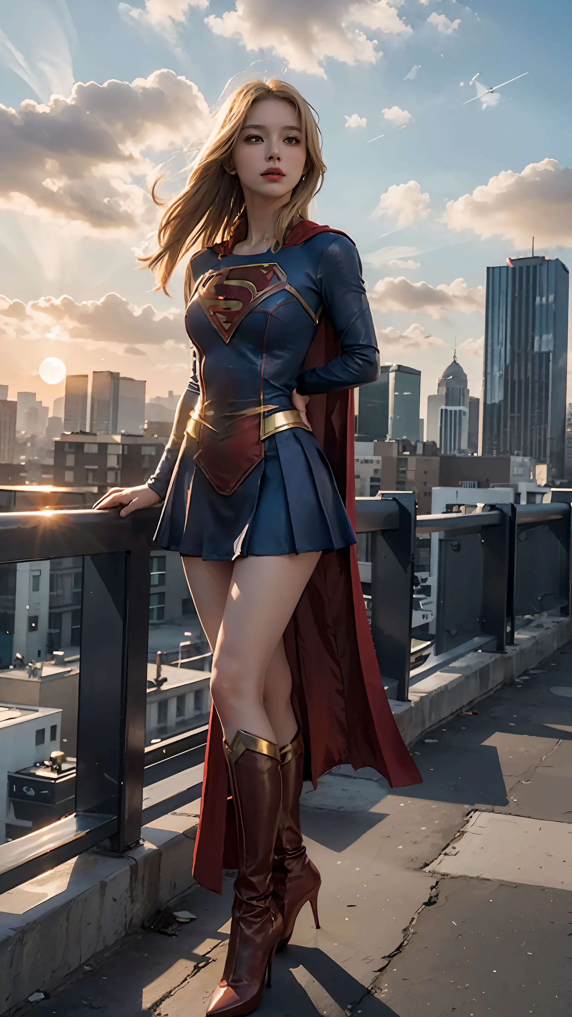 Woman 1, Supergirl costume dress, medium breasts, blonde, evening, city, lots of buildings, sunset, (flying in the sky), full body, (from afar)