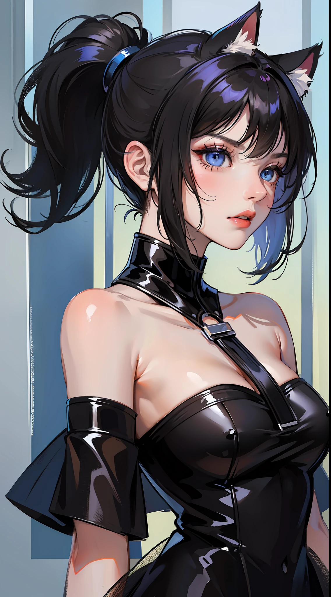 Adult girl, short black hair, high ponytail, blue eyes, cat ears, dark dress, open shoulders, stern look, masterpiece, high quality