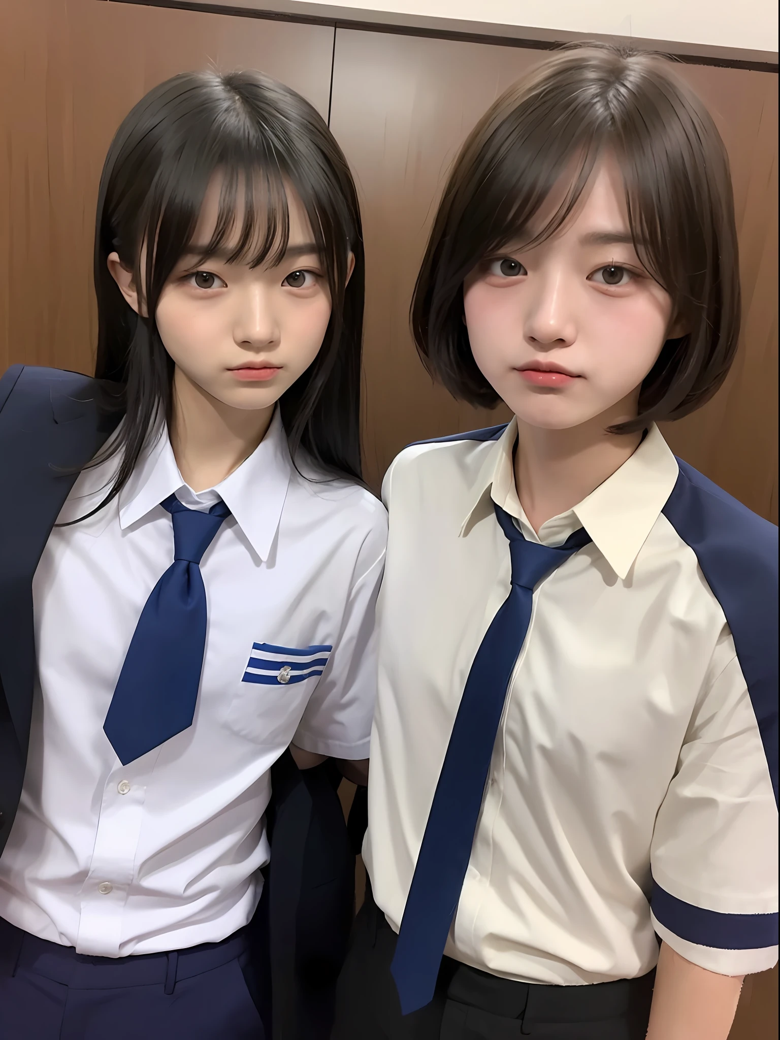 Two boys, bl, couple, Korean students with school uniforms cloth pants and white uniform shirt from Korean institutions one is shy and conformist and the other popular friendly and helpful, both in love