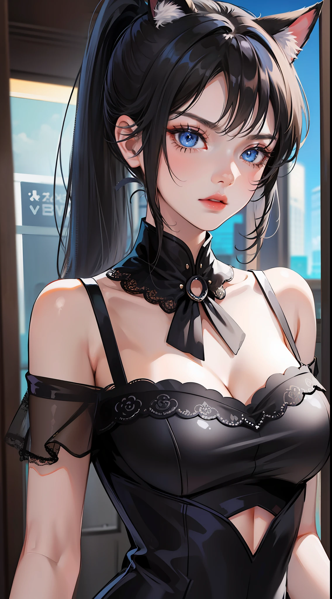 Adult girl, short black hair, high ponytail, blue eyes, cat ears, dark dress, open shoulders, stern look, masterpiece, high quality