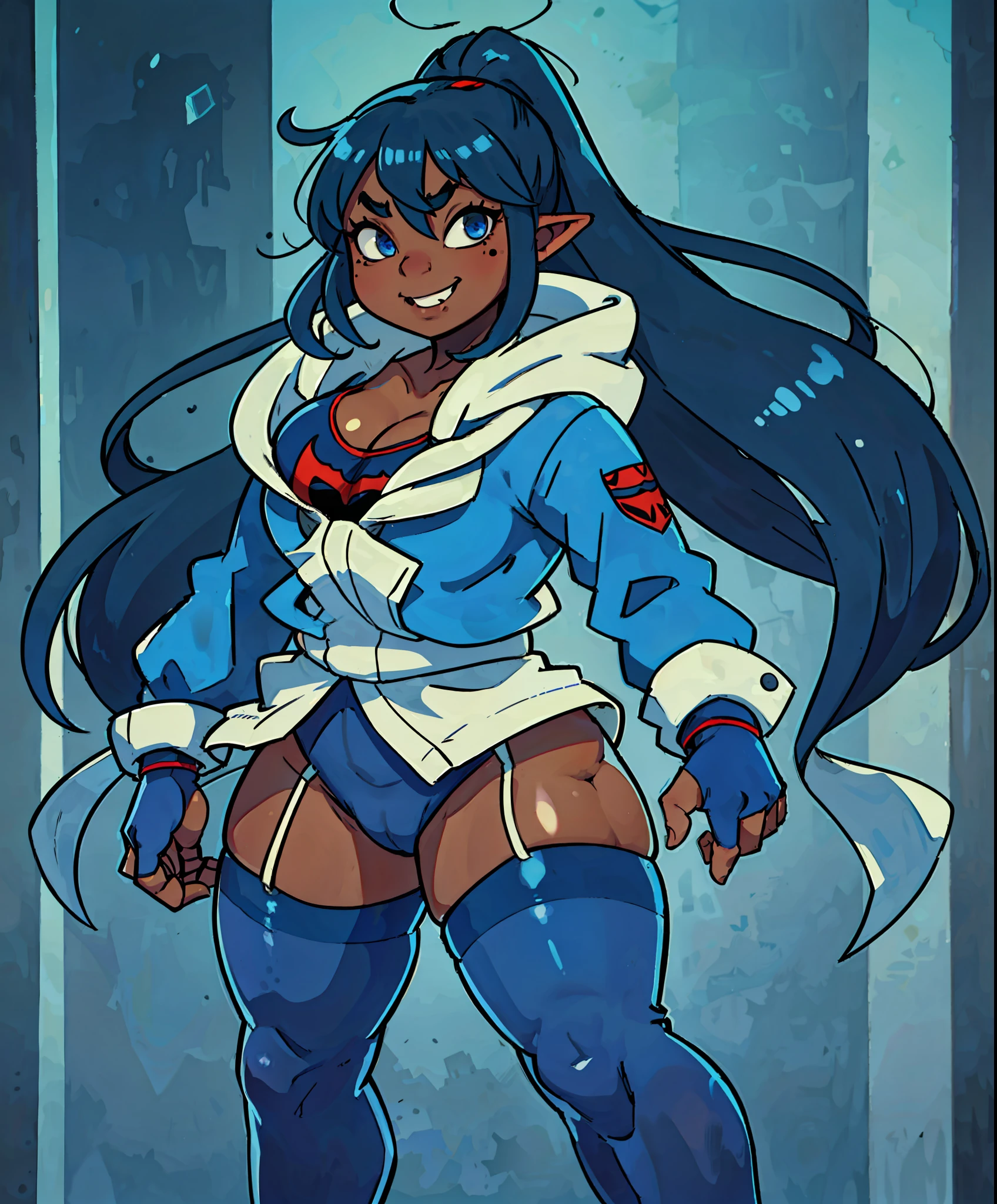 goblin girl, blue hair, very long hair, dark_ skin, dark skin goblin, wide body, very dark skin girl, small stature, busty, hair between eyes, twintails, chubby, chubby girl, chubby girl goblin, wide hips, blue eyes, mole, mole on chest, age up, lips, big lips, thick eyebrows, body with fur, tusk, short girl, short goblin girl twintails, short girl, highly detailed, high quality, best quality, 8k, full body, fat, smile, spider-man cosplay, spider-man suit, spider-man costume, spider-woman, spider-woman suit, hood, blue and black suit