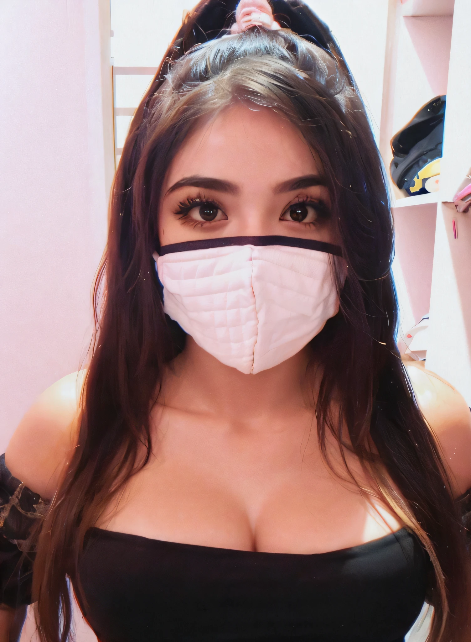 Woman wearing a pink mask covering nose and mouth, profile picture, masked, sexy face, and - girl, e-girl